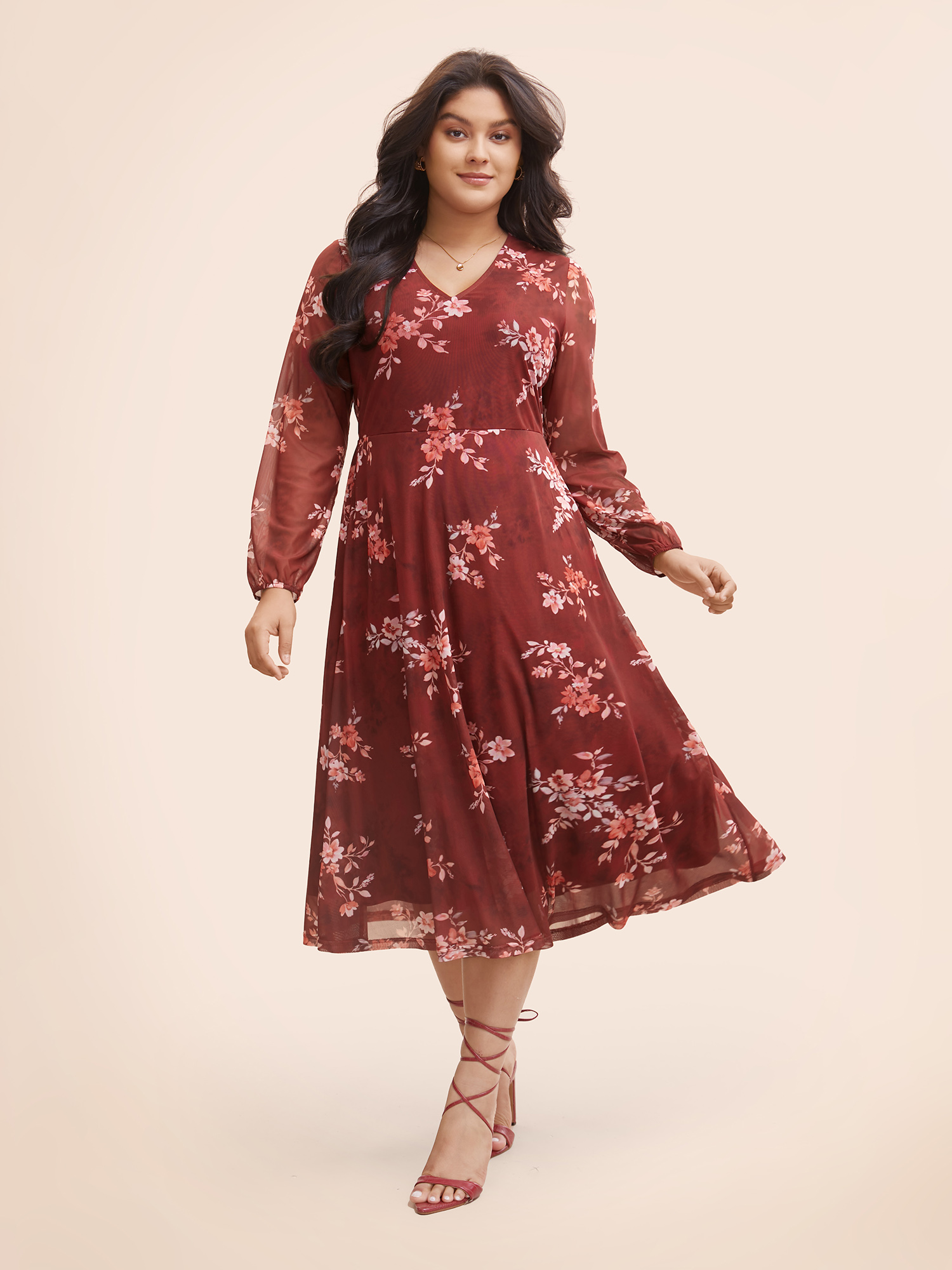 

Plus Size Floral See Through Gathered Dress Burgundy Women Elegant Gathered V-neck Long Sleeve Curvy BloomChic