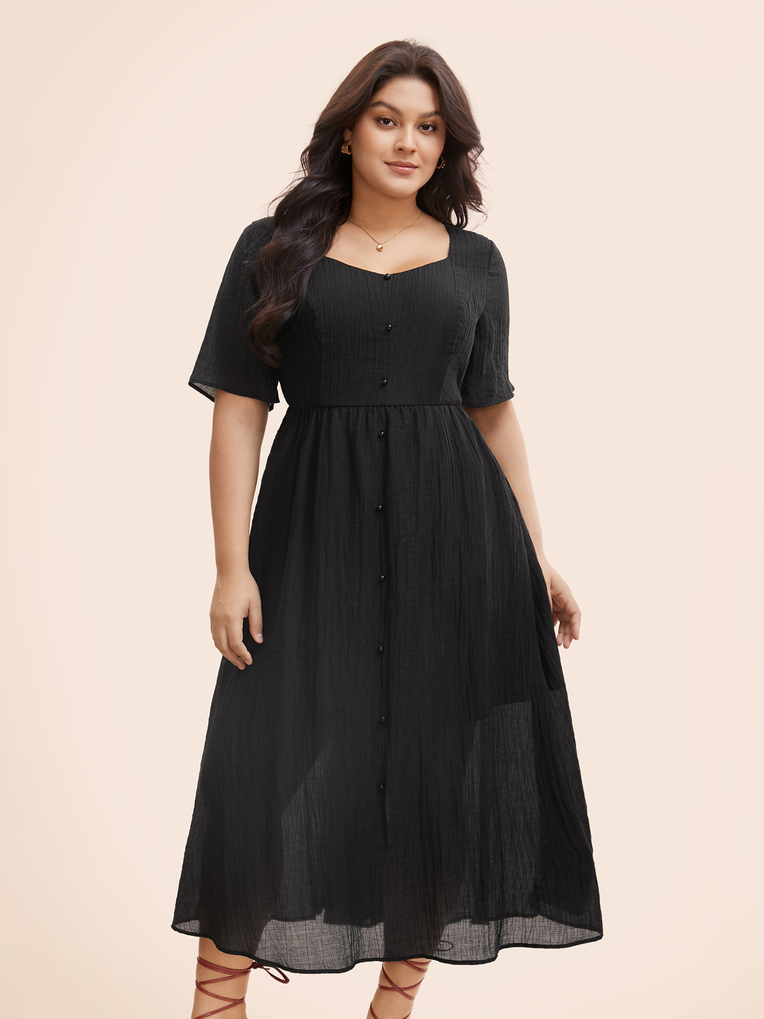 

Plus Size Plain Textured Button Detail Maxi Dress Black Women Elegant Texture Heart neckline Half Sleeve Curvy BloomChic