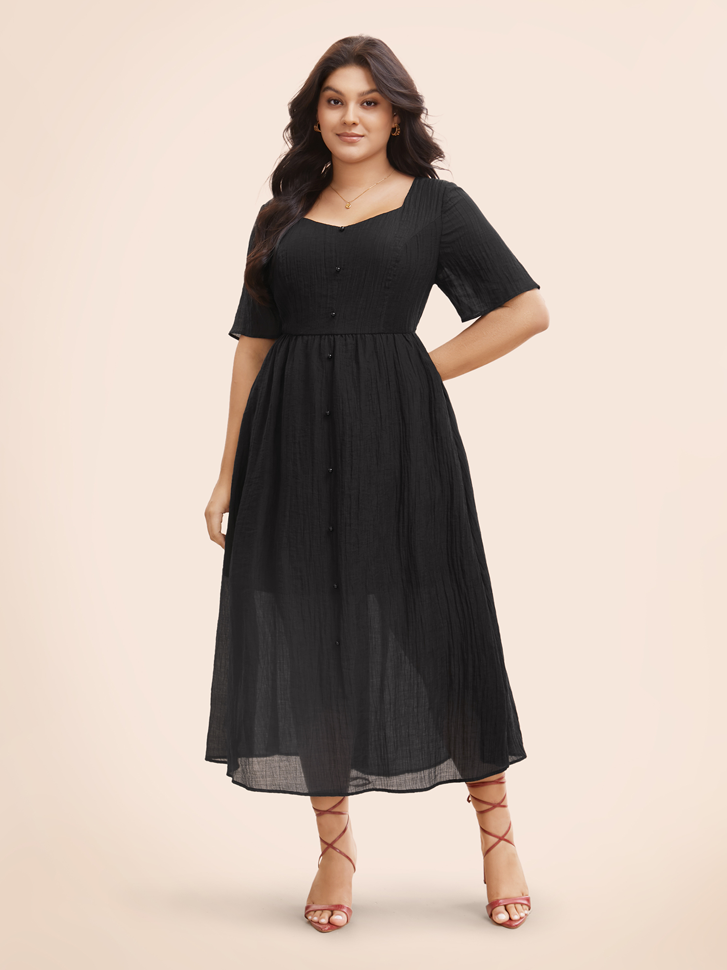 

Plus Size Plain Textured Button Detail Maxi Dress Black Women Elegant Texture Heart neckline Half Sleeve Curvy BloomChic