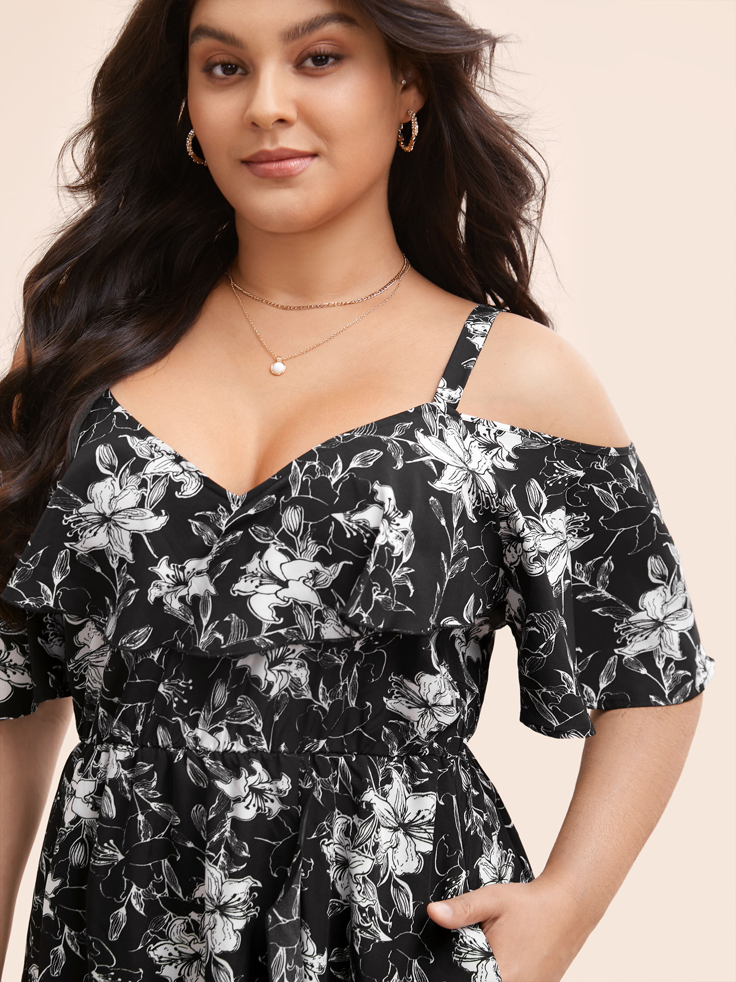 

Plus Size Floral Heart Neckline Ruffle Trim Dress Black Women Elegant Ruffles Heart neckline Short sleeve Curvy BloomChic