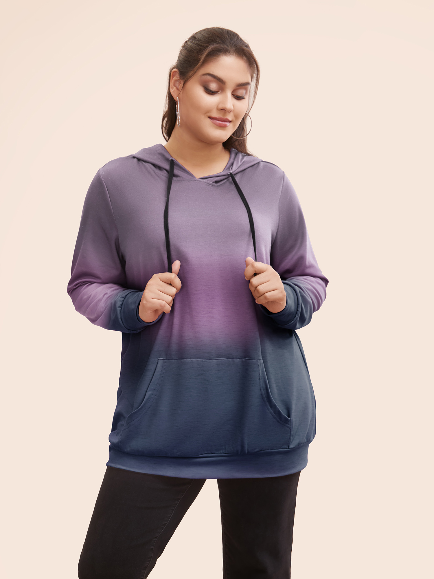 

Plus Size Ombre Pocket Drawstring Hooded Sweatshirt Women Mauve Casual Elastic cuffs Hooded Everyday Sweatshirts BloomChic