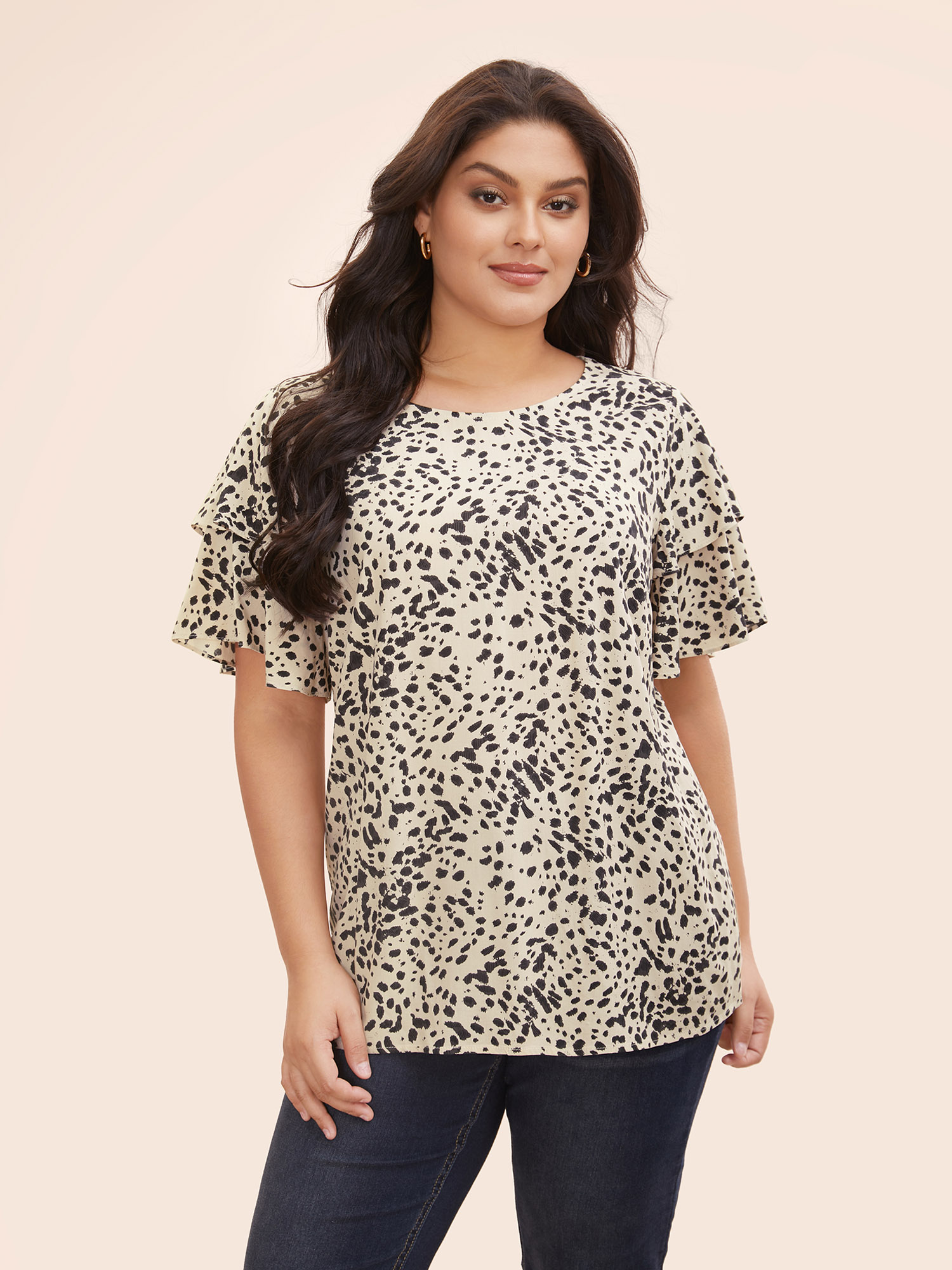 

Plus Size Tan Leopard Crew Neck Ruffle Tiered Sleeve Blouse Women Elegant Short sleeve Round Neck Everyday Blouses BloomChic