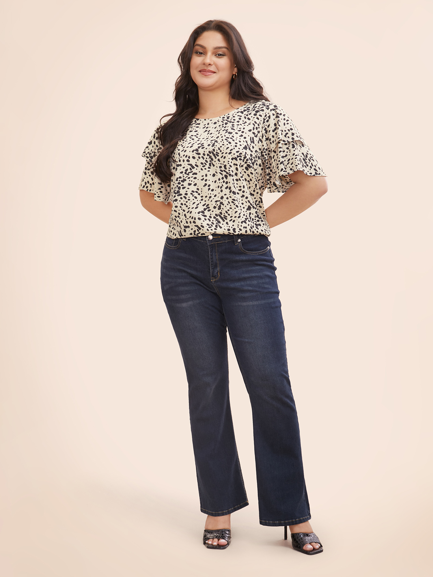 

Plus Size Tan Leopard Crew Neck Ruffle Tiered Sleeve Blouse Women Elegant Short sleeve Round Neck Everyday Blouses BloomChic