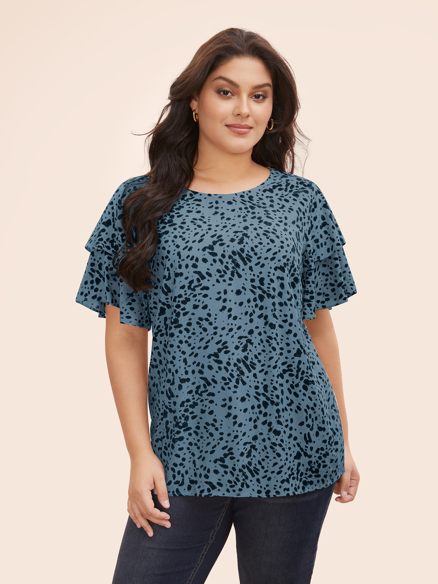 

Plus Size Stone Leopard Crew Neck Ruffle Tiered Sleeve Blouse Women Elegant Short sleeve Round Neck Everyday Blouses BloomChic