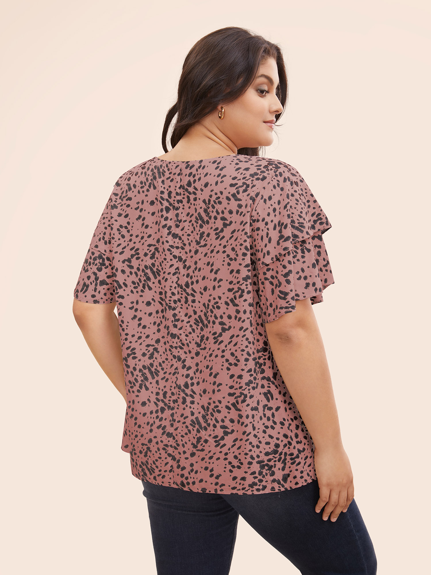 

Plus Size DustyPink Leopard Crew Neck Ruffle Tiered Sleeve Blouse Women Elegant Short sleeve Round Neck Everyday Blouses BloomChic