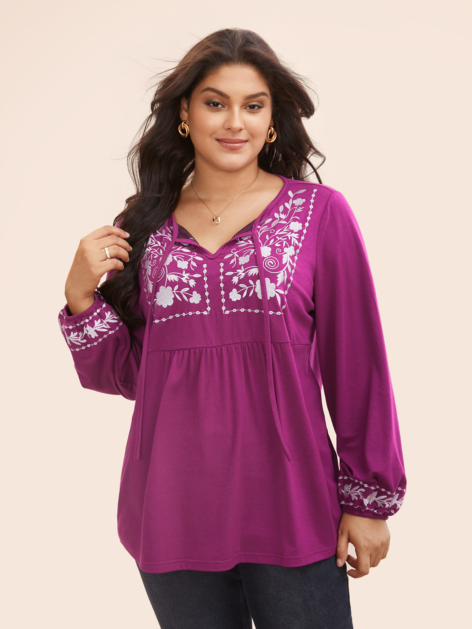 

Floral Embroidered Knot Neck Lantern Sleeve T-shirt, Crimson