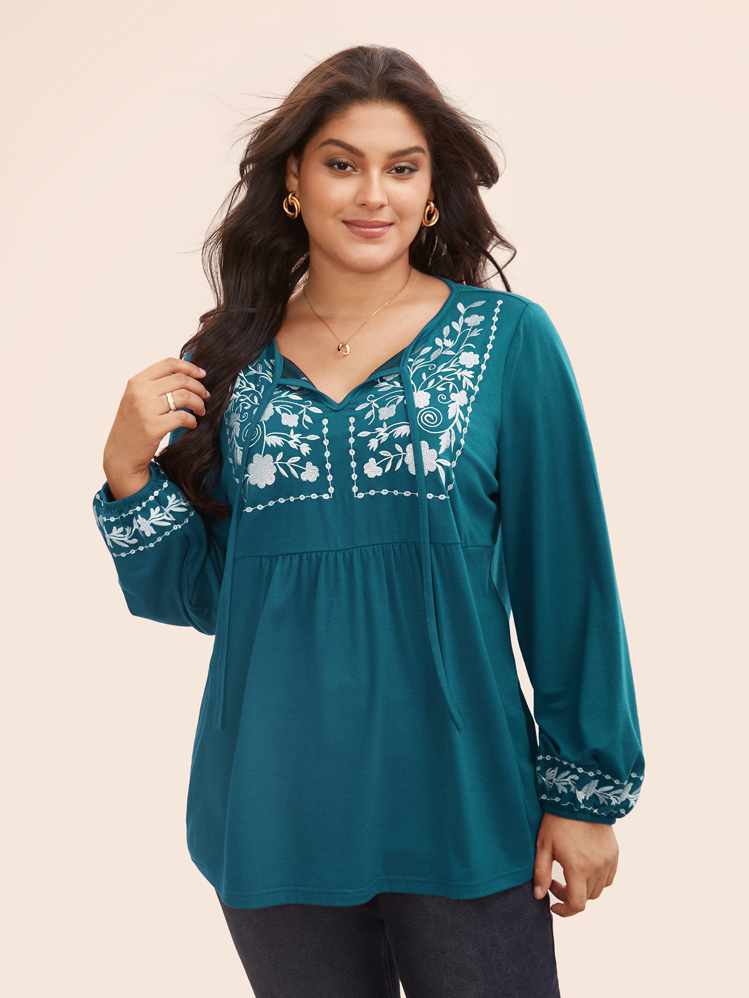 

Floral Embroidered Knot Neck Lantern Sleeve T-shirt, Aegean