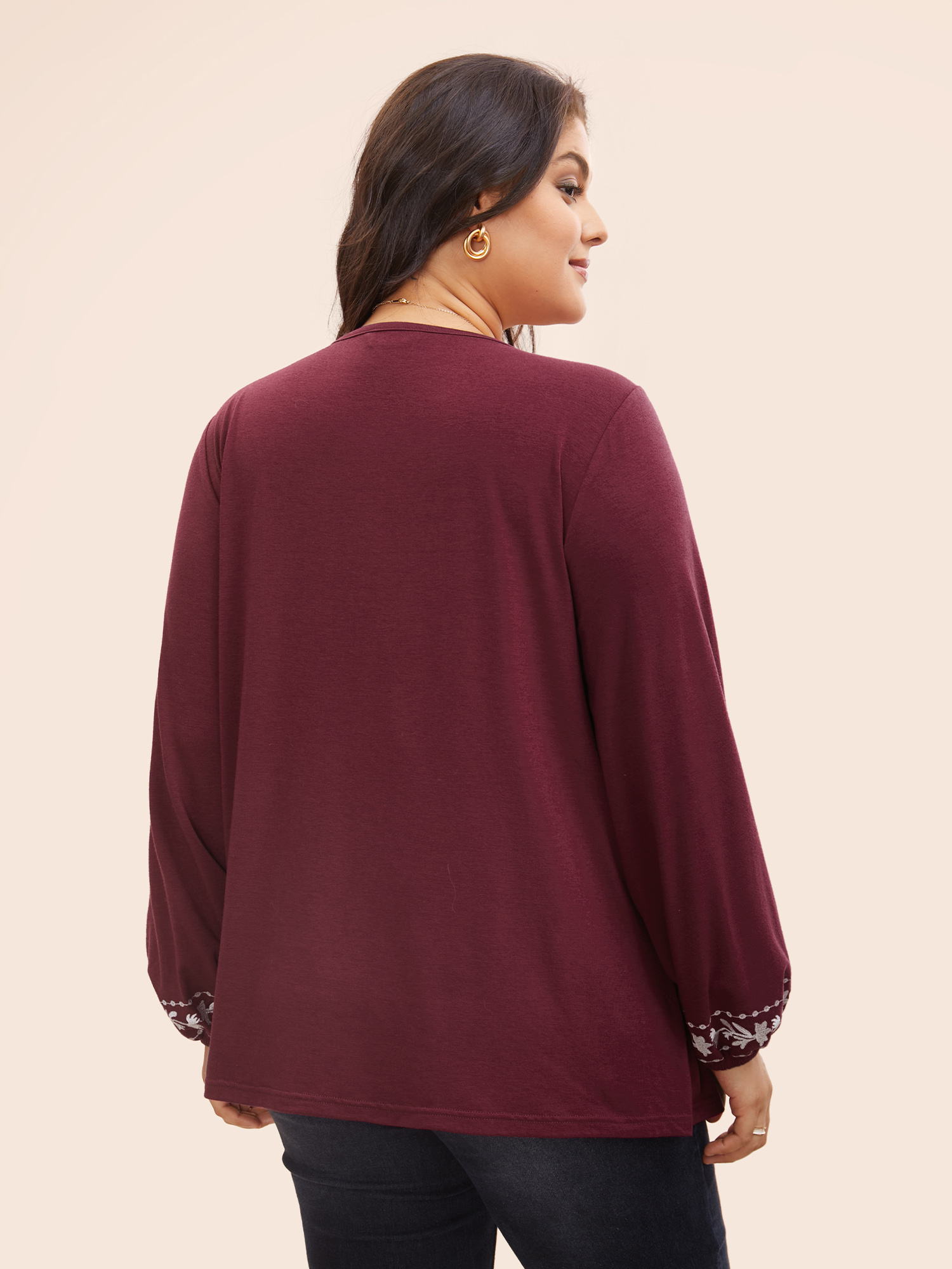 

Floral Embroidered Knot Neck Lantern Sleeve T-shirt, Red