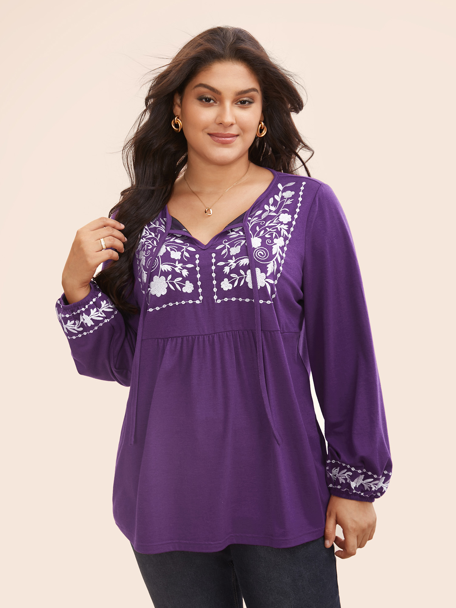 

Plus Size Floral Embroidered Knot Neck Lantern Sleeve T-shirt Purple Tie Neck Long Sleeve Elegant Jersey Tops