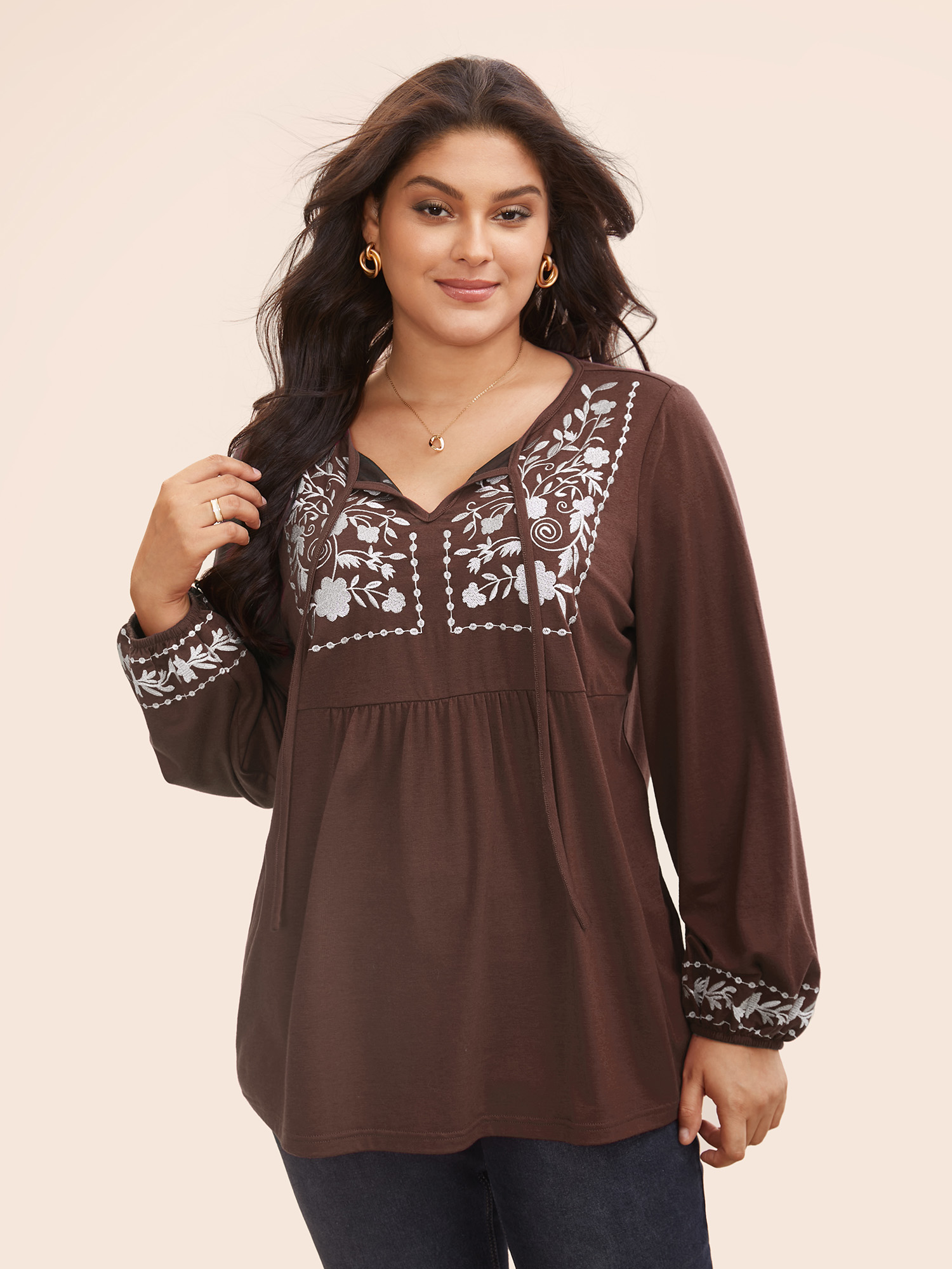 

Floral Embroidered Knot Neck Lantern Sleeve T-shirt, Darkbrown