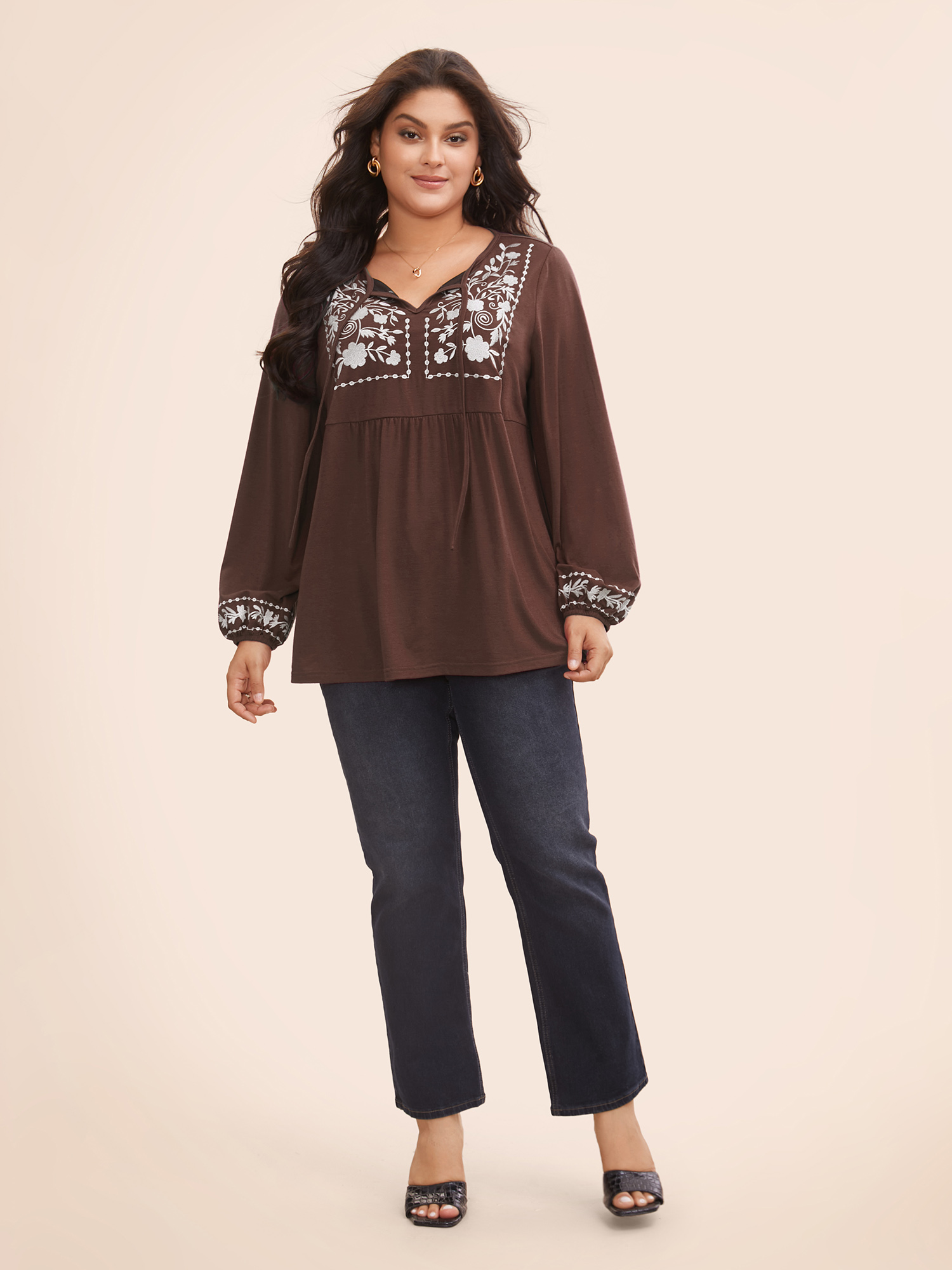 

Plus Size Floral Embroidered Knot Neck Lantern Sleeve T-shirt DarkBrown Tie Neck Long Sleeve Elegant Jersey Tops