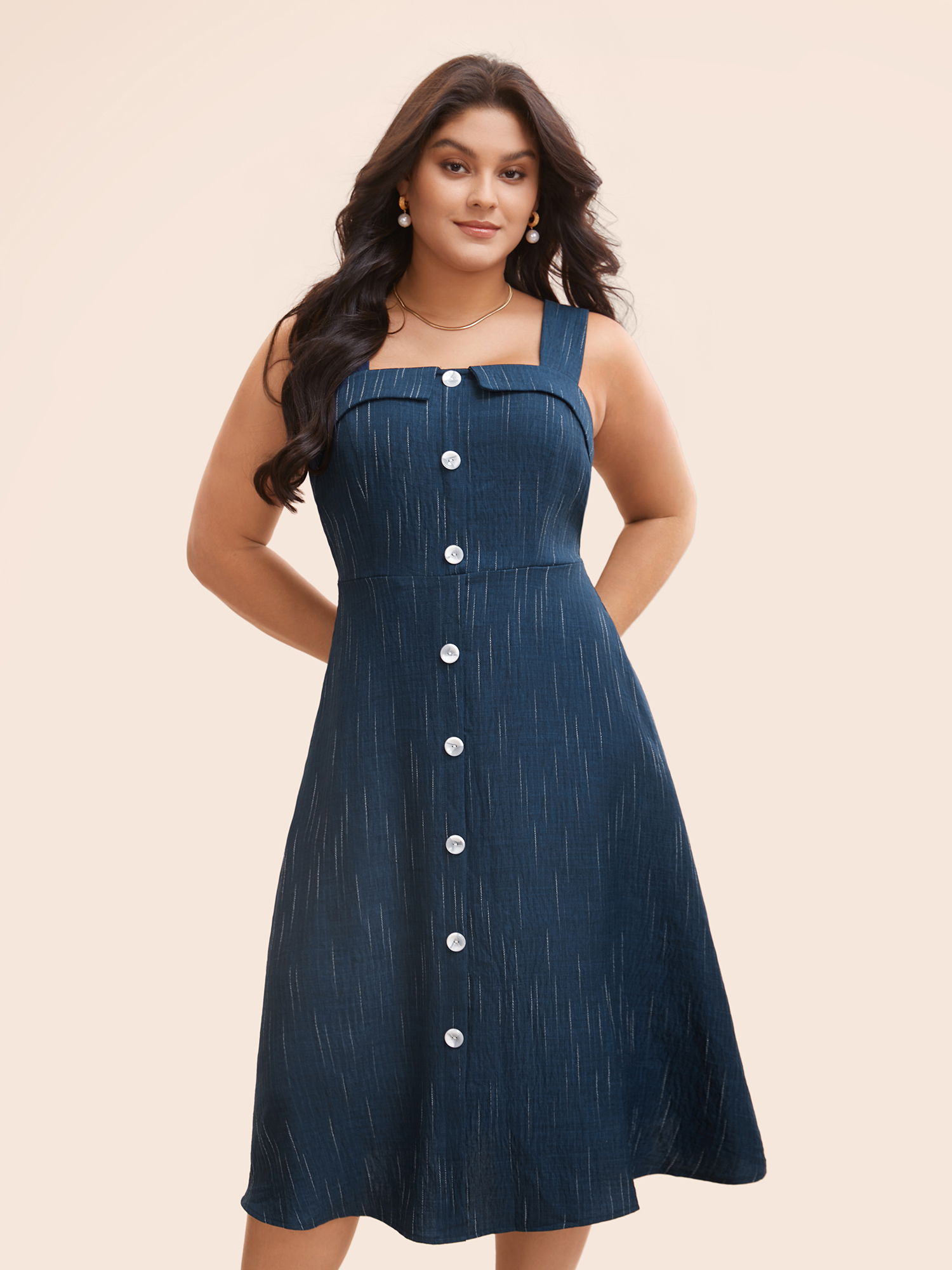 

Plus Size Striped Denim Effect Print Button Detail Dress Navy Women Elegant Texture Square Neck Sleeveless Curvy BloomChic