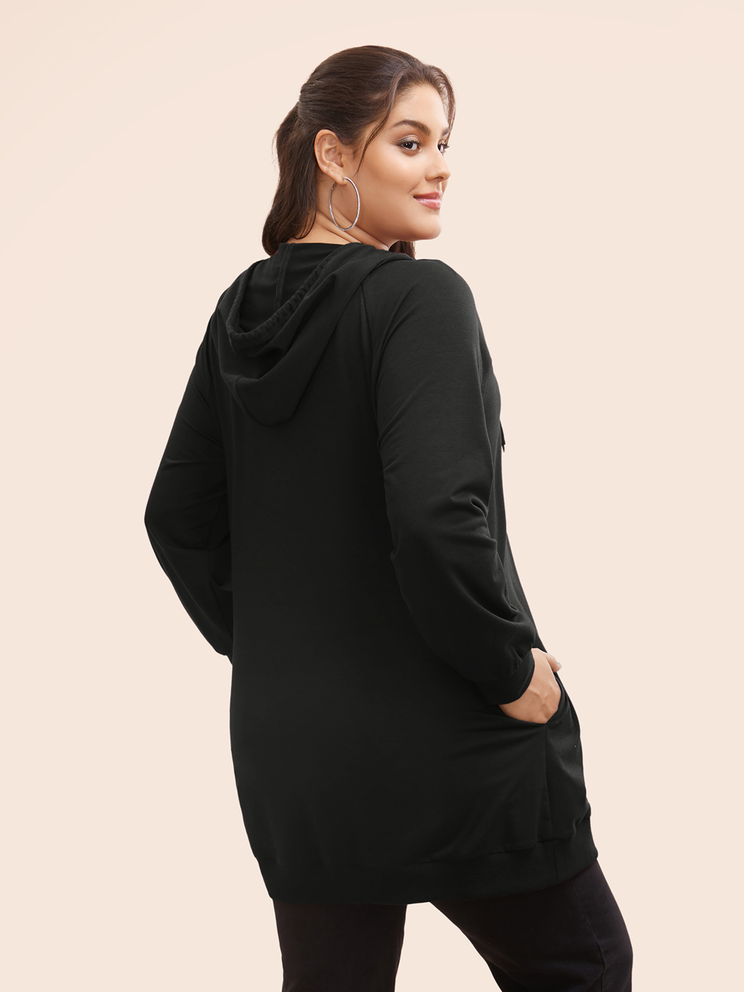 

Plus Size Plain Zipper Hooded Drawstring Pocket Sweatshirt Women Black Casual Plain Hooded Dailywear Sweatshirts BloomChic