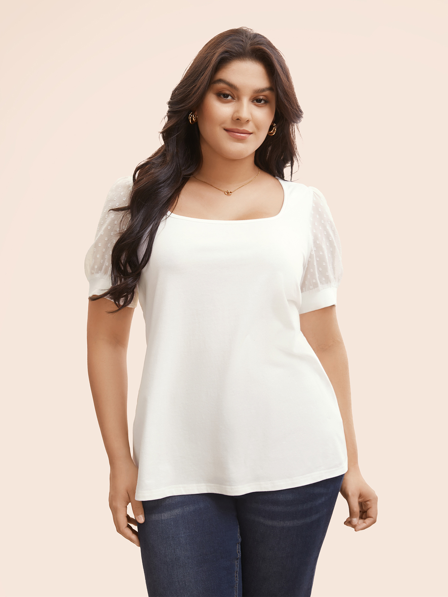 

Plus Size Jacquard Decor Cotton Top Originalwhite Women Elegant See through Square Neck Everyday T-shirts BloomChic