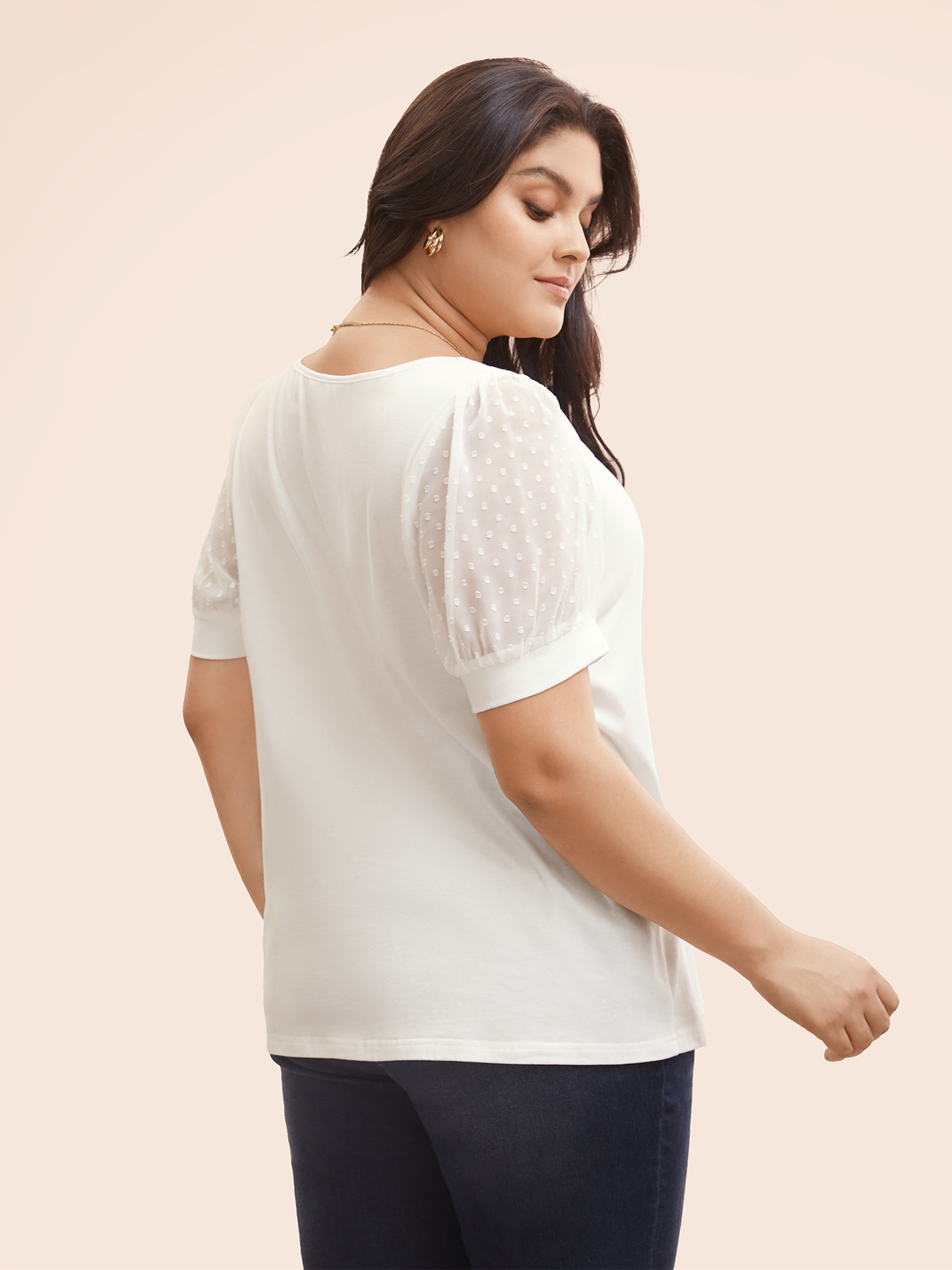 Plus Size Jacquard Decor Cotton Top Originalwhite Women Elegant See through Square Neck Everyday T-shirts BloomChic 28/5X 
