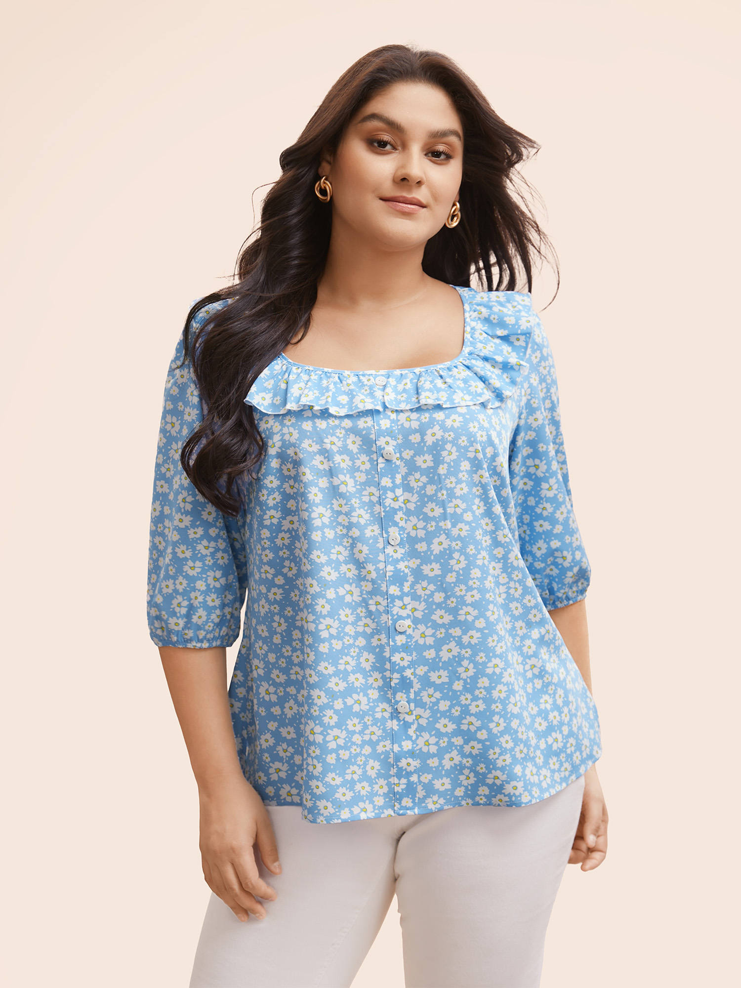 

Plus Size LightBlue Daisy Patterned Ruffled Collar Blouse Women Elegant Elbow-length sleeve Square Neck Everyday Blouses BloomChic