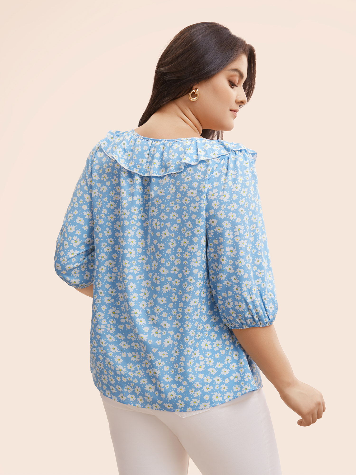 

Plus Size LightBlue Daisy Patterned Ruffled Collar Blouse Women Elegant Elbow-length sleeve Square Neck Everyday Blouses BloomChic