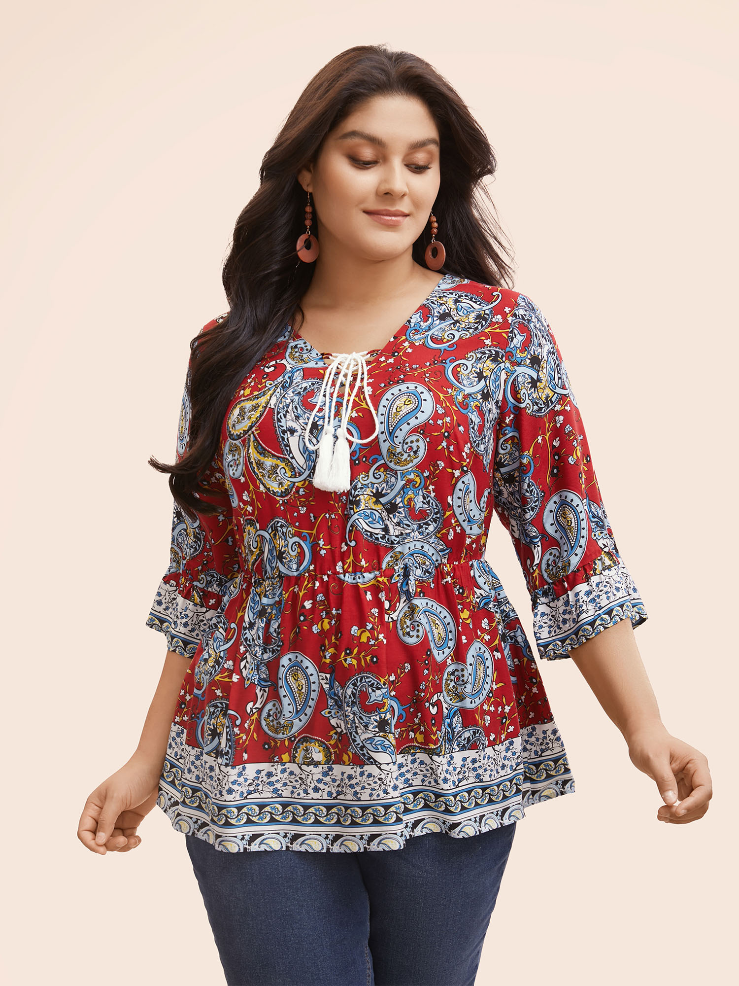 

Plus Size Crimson Boho Print Tie Knot Tassels Crisscross Blouse Women Resort Elbow-length sleeve V-neck Vacation Blouses BloomChic