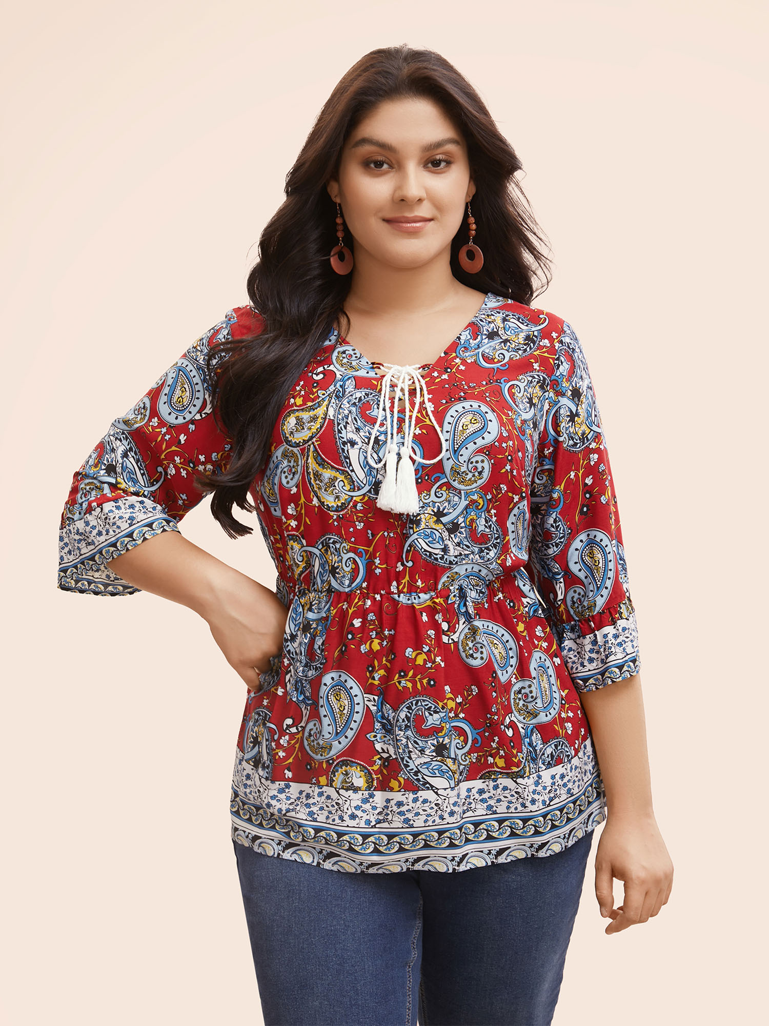 

Plus Size Crimson Boho Print Tie Knot Tassels Crisscross Blouse Women Resort Elbow-length sleeve V-neck Vacation Blouses BloomChic