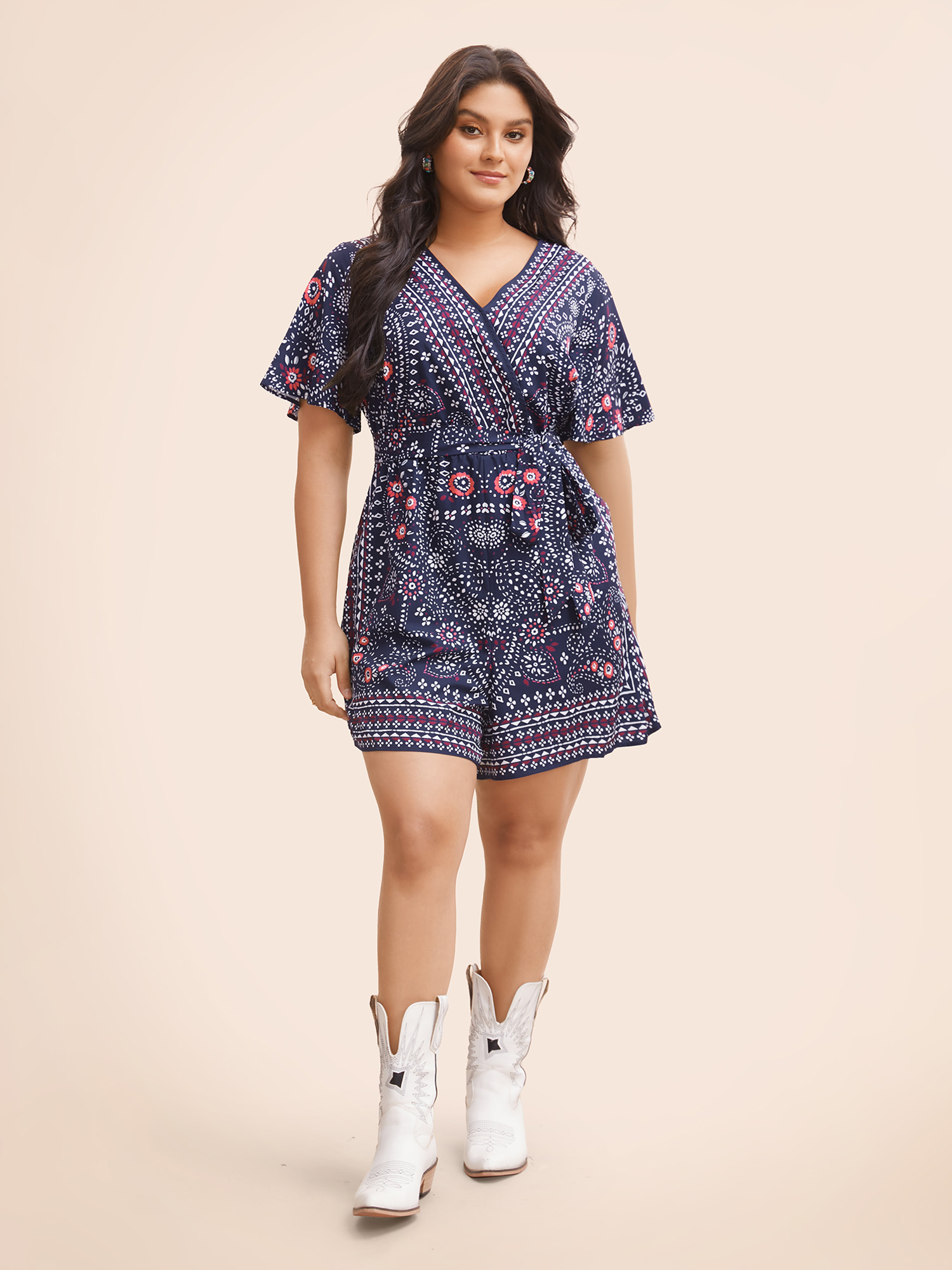 Plus Size DarkBlue Bandana Print Belted Pocket Surplice Neck Romper Women Resort Short sleeve V-neck Vacation Loose Jumpsuits BloomChic 12/L 