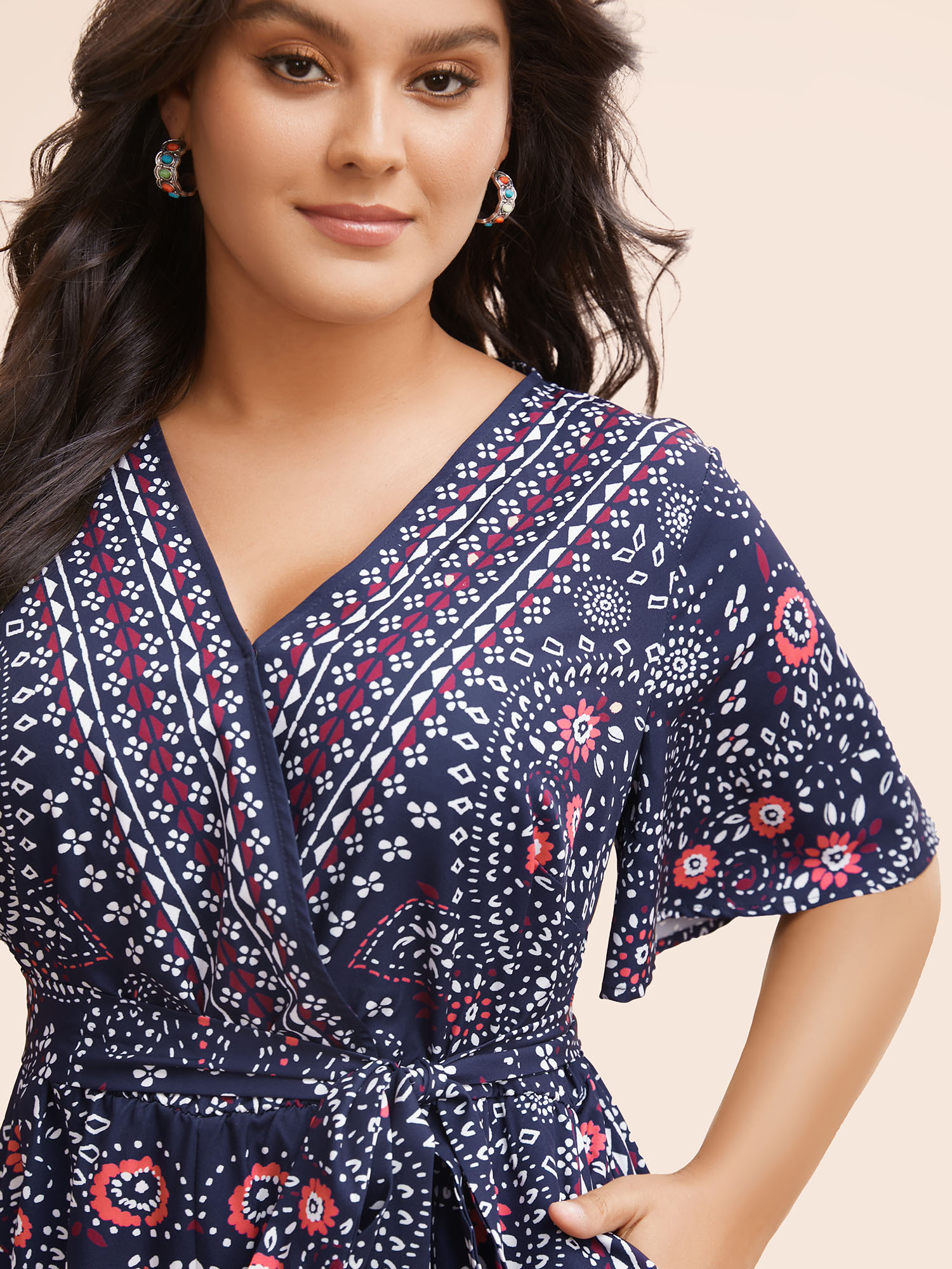 Plus Size DarkBlue Bandana Print Belted Pocket Surplice Neck Romper Women Resort Short sleeve V-neck Vacation Loose Jumpsuits BloomChic 12/L 