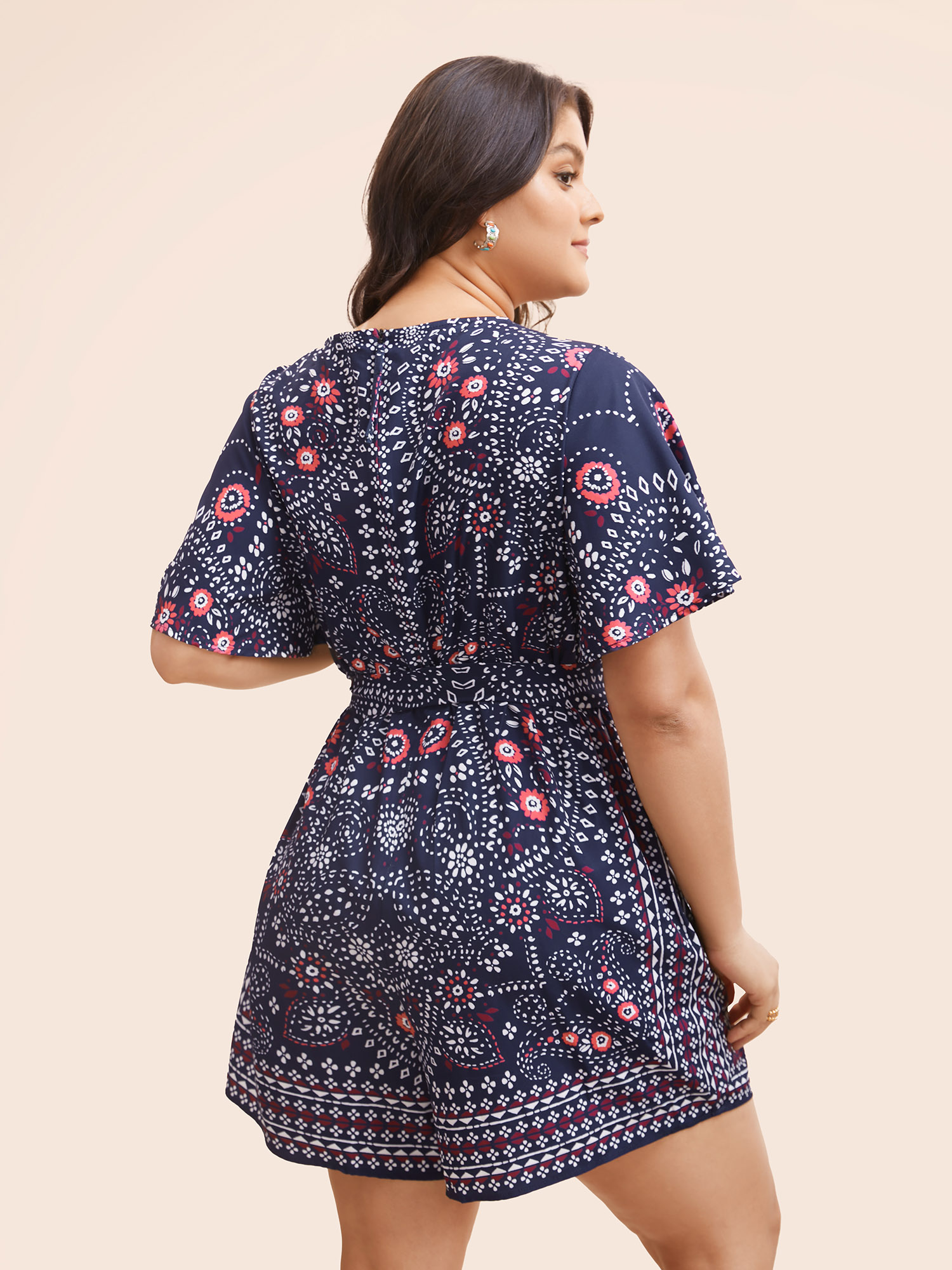 Plus Size DarkBlue Bandana Print Belted Pocket Surplice Neck Romper Women Resort Short sleeve V-neck Vacation Loose Jumpsuits BloomChic 12/L 