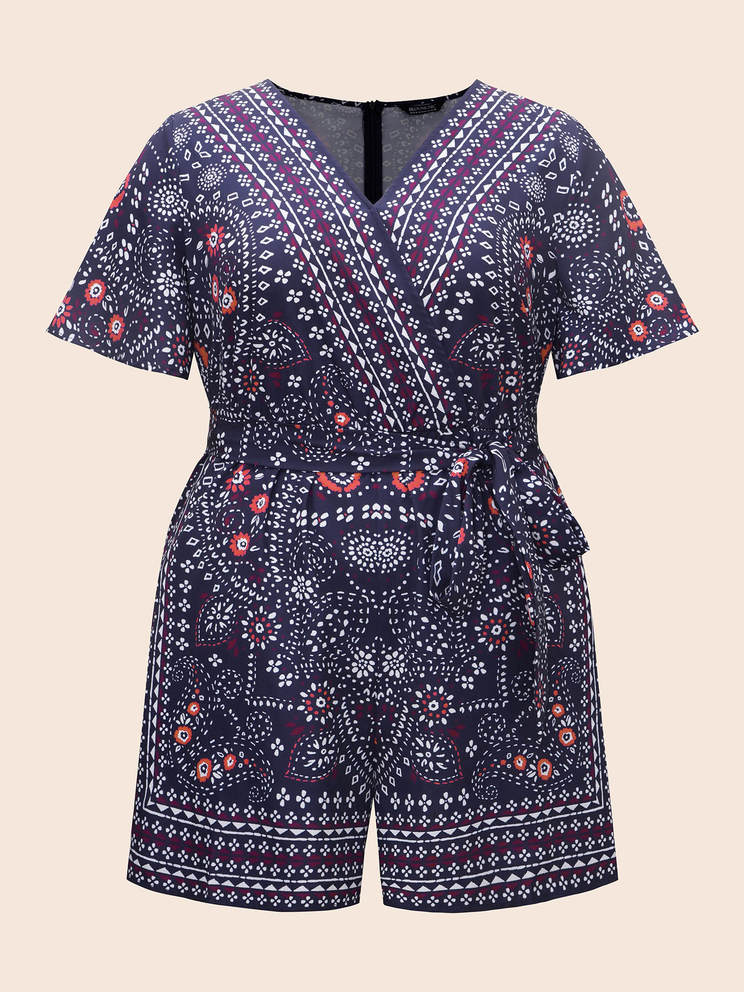 

Plus Size DarkBlue Bandana Print Belted Pocket Surplice Neck Romper Women Resort Short sleeve V-neck Vacation Loose Jumpsuits BloomChic