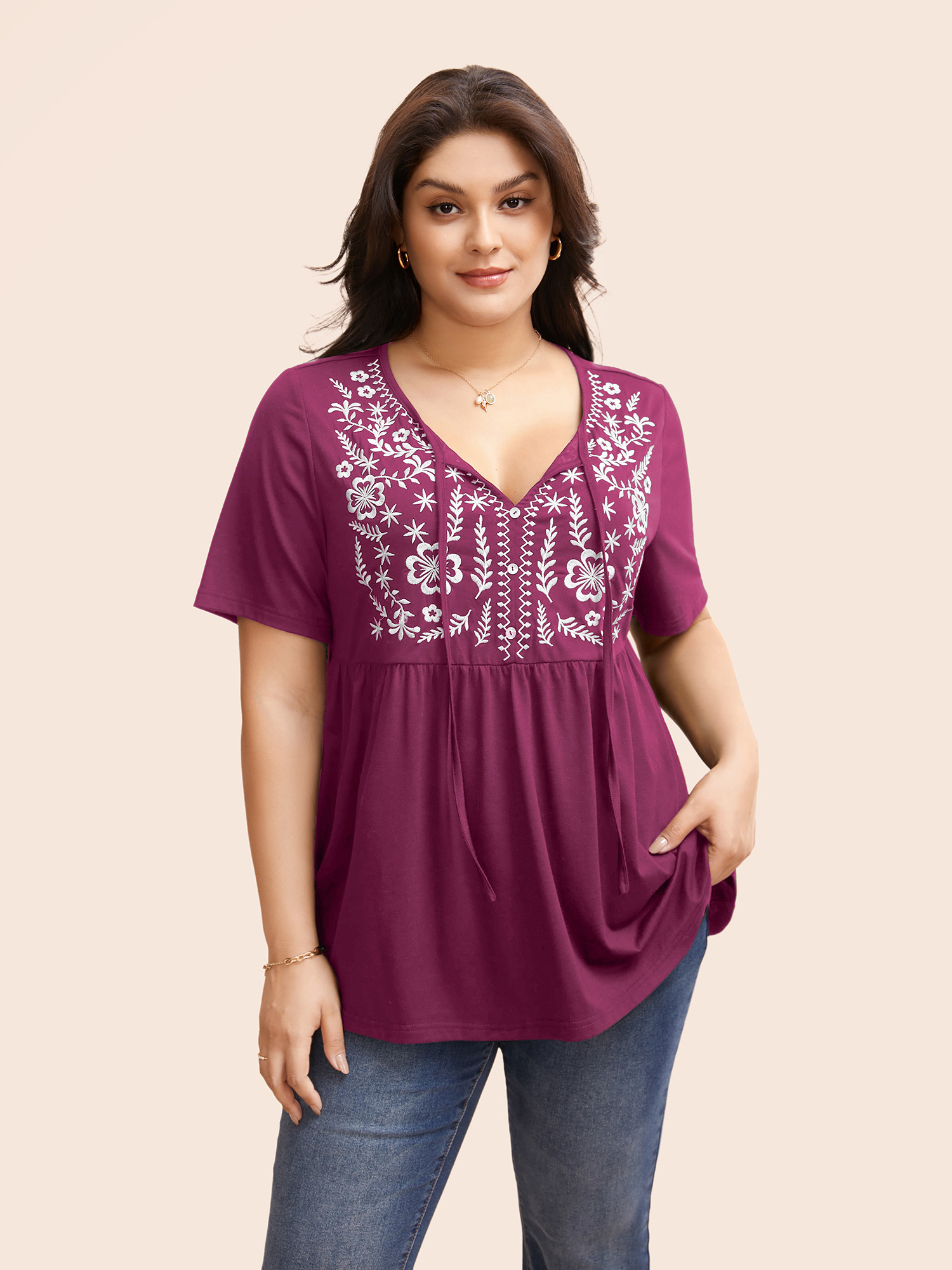 

Plus Size Floral Embroidered Tie Knot T-shirt RedViolet Women Elegant Tie knot Natural Flowers Round Neck Everyday T-shirts BloomChic