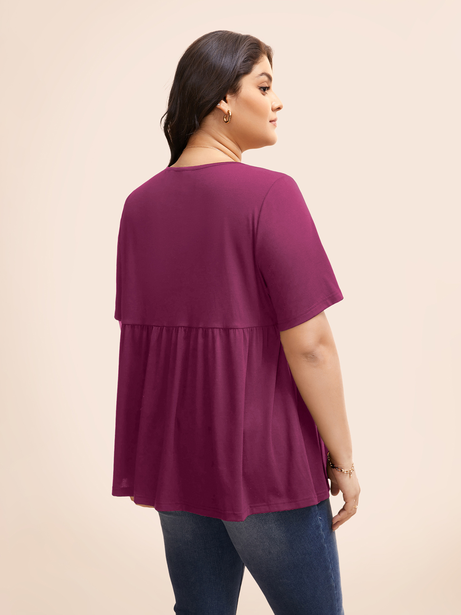 Plus Size Floral Embroidered Tie Knot T-shirt RedViolet Women Elegant Tie knot Natural Flowers Round Neck Everyday T-shirts BloomChic 30/6X 