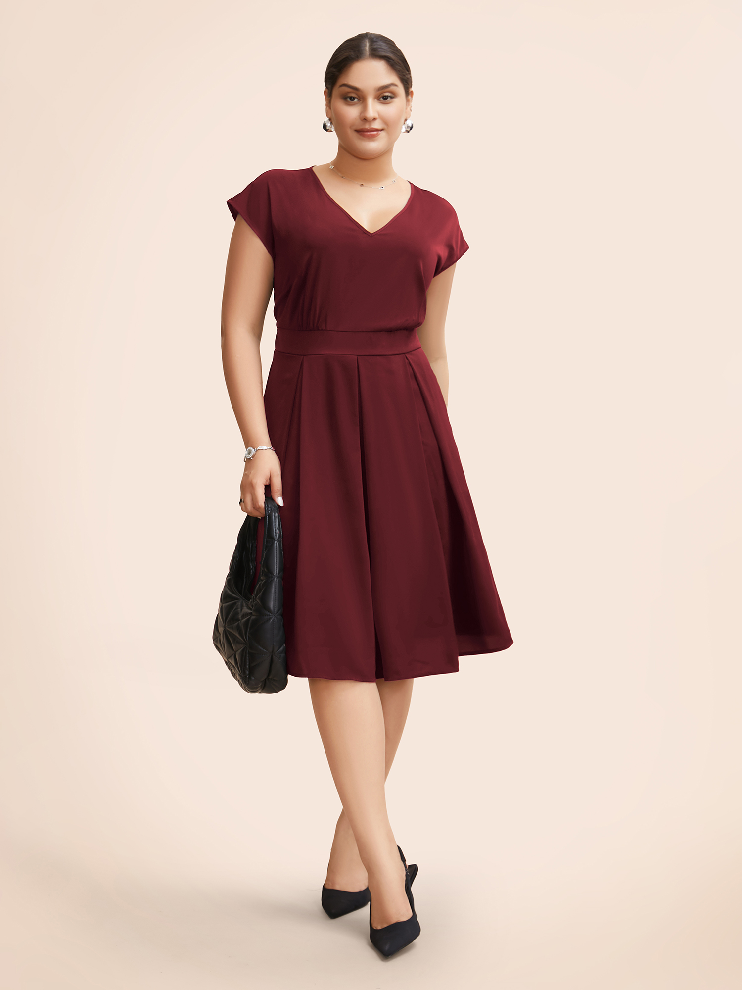 

Plus Size V Neck Shirred Cap Sleeve Dress Burgundy Women At the Office Gathered V-neck Cap Sleeve Curvy BloomChic