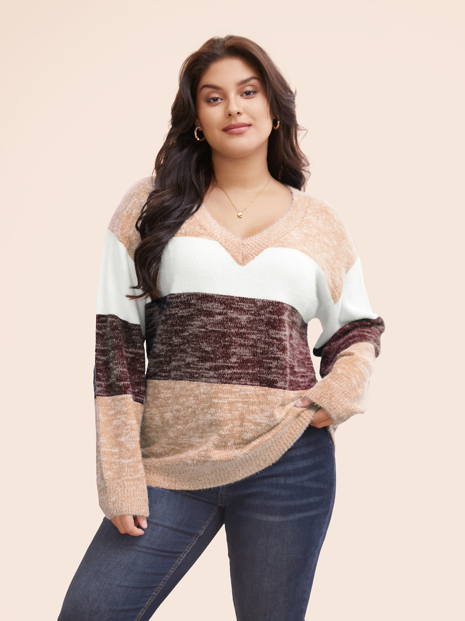 

Plus Size Colorblock Contrast Super Soft Plush Knit V Neck Pullover DarkBrown Women Elegant Loose Long Sleeve V-neck Dailywear Pullovers BloomChic