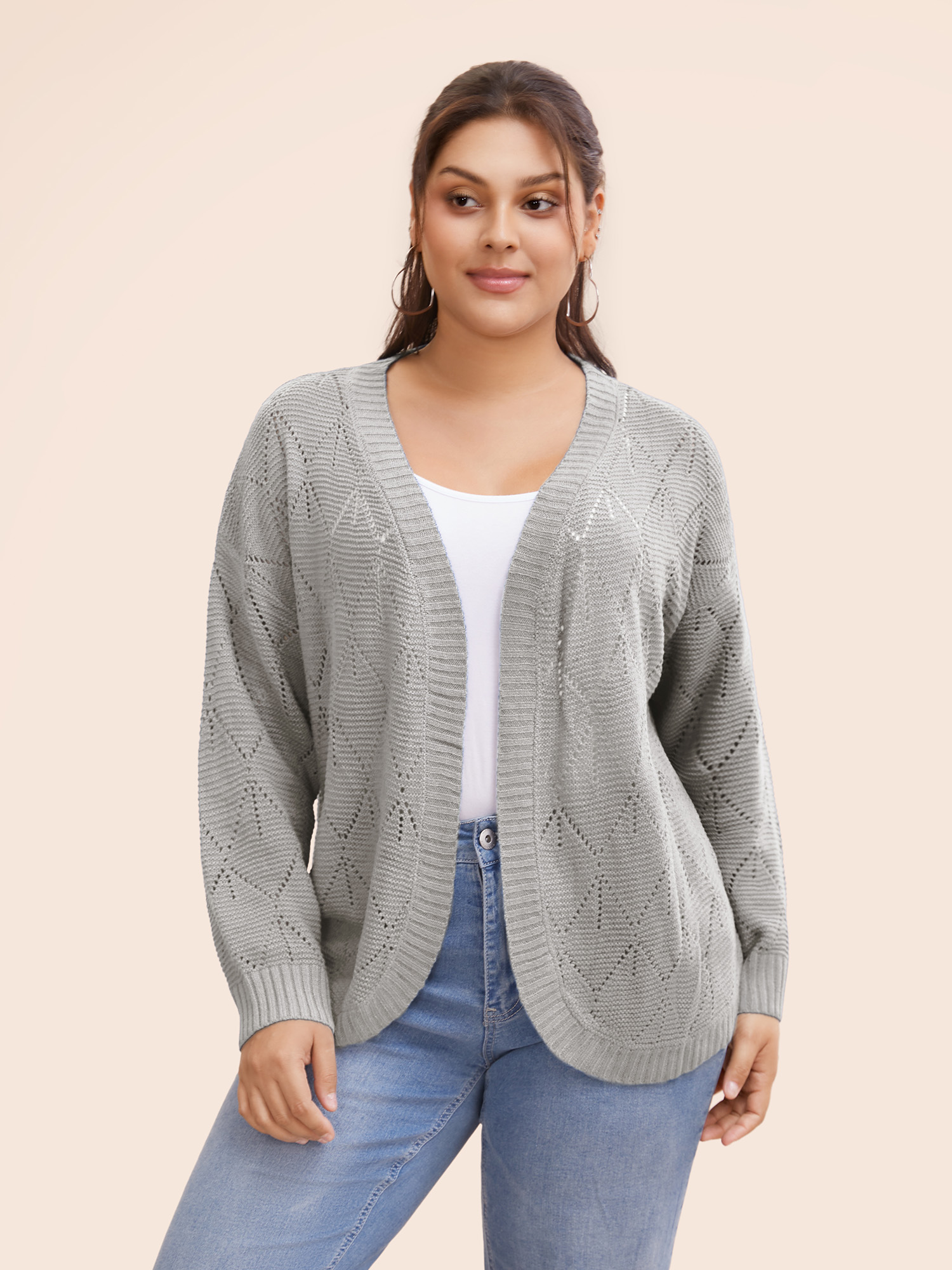 

Plus Size Geometric Hollow Out Open Front Cardigan LightGray Women Casual Loose Long Sleeve Everyday Cardigans BloomChic