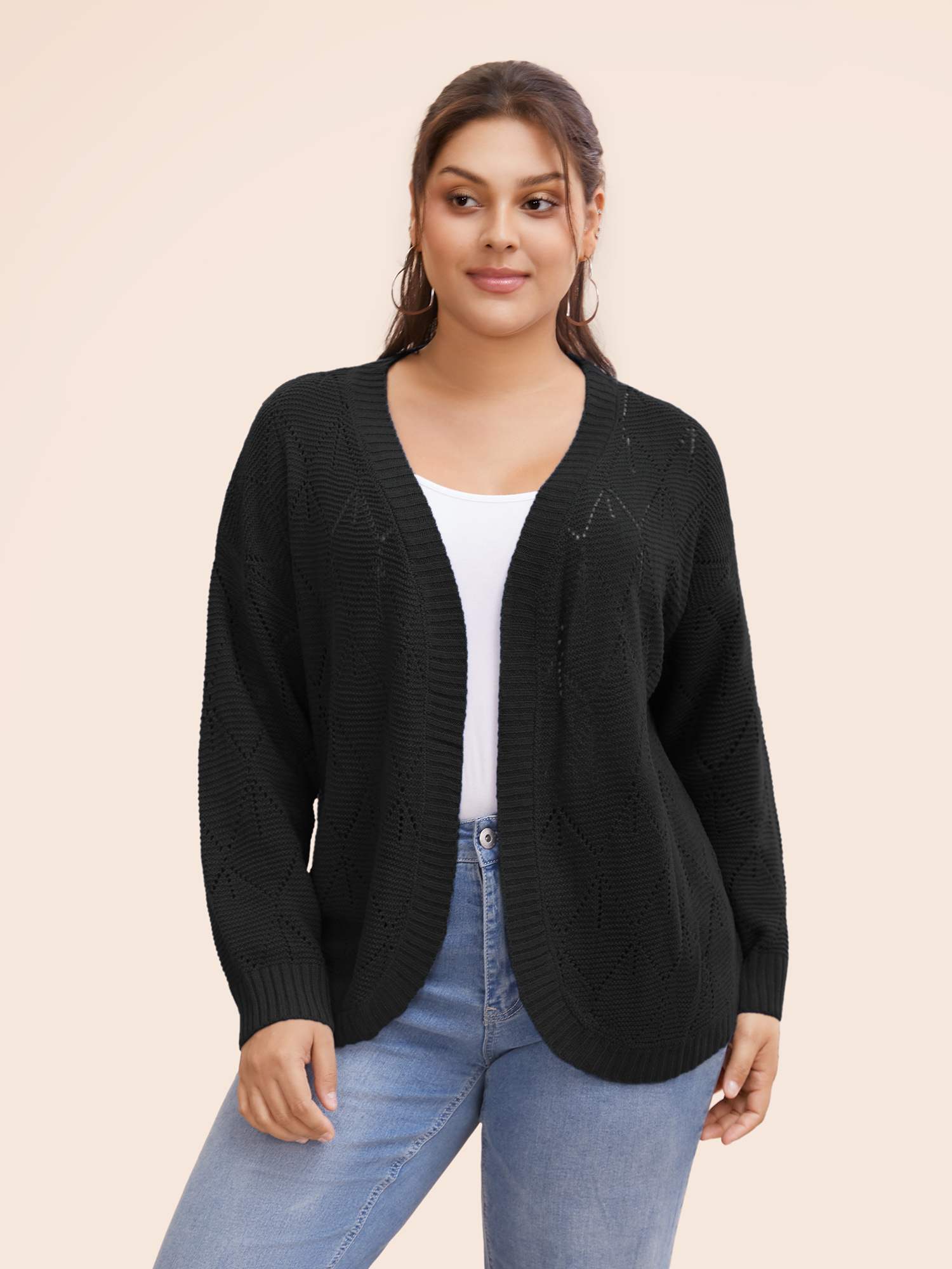 

Plus Size Geometric Hollow Out Open Front Cardigan Black Women Casual Loose Long Sleeve Everyday Cardigans BloomChic