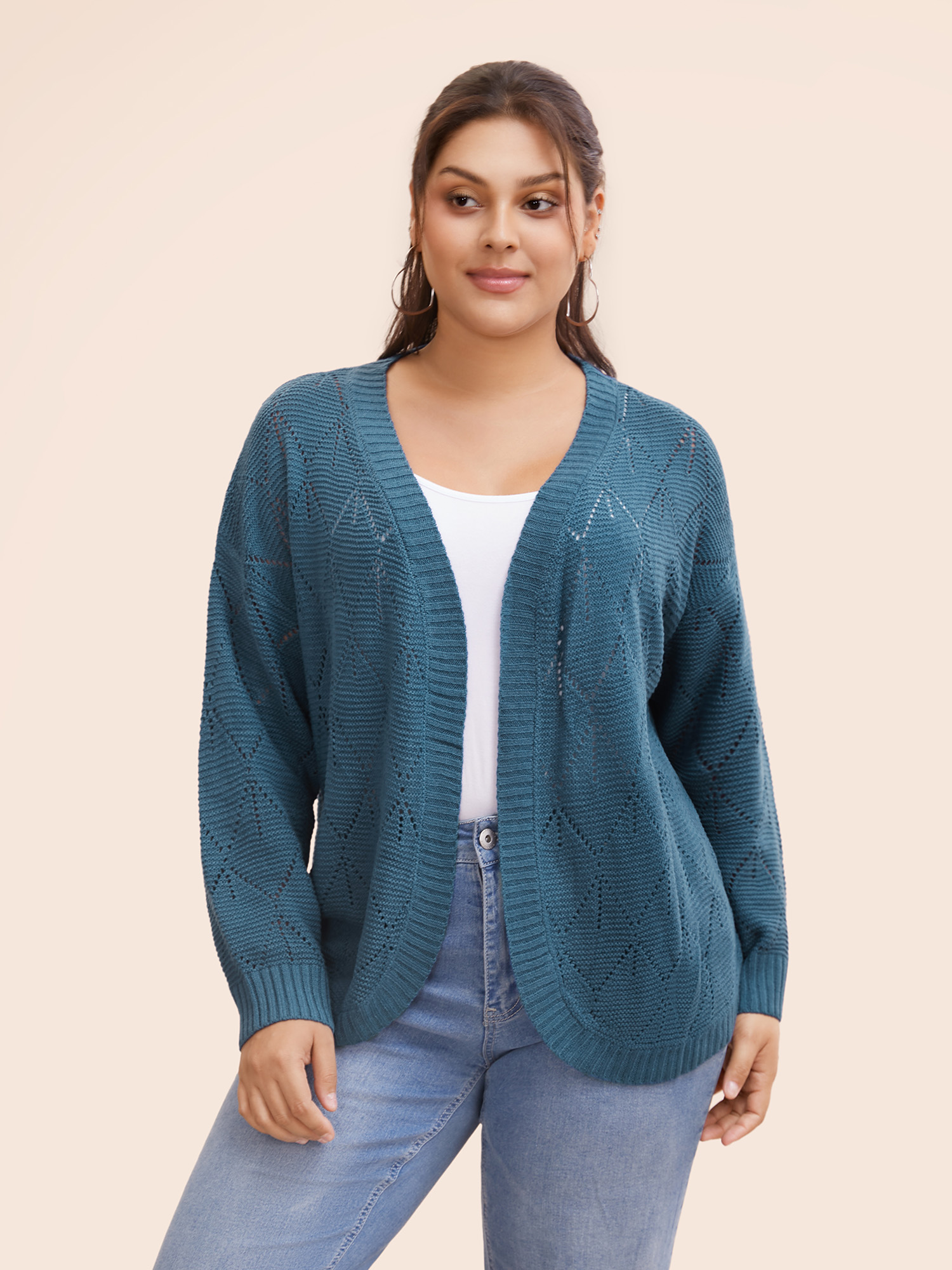 

Plus Size Geometric Hollow Out Open Front Cardigan Aegean Women Casual Loose Long Sleeve Everyday Cardigans BloomChic