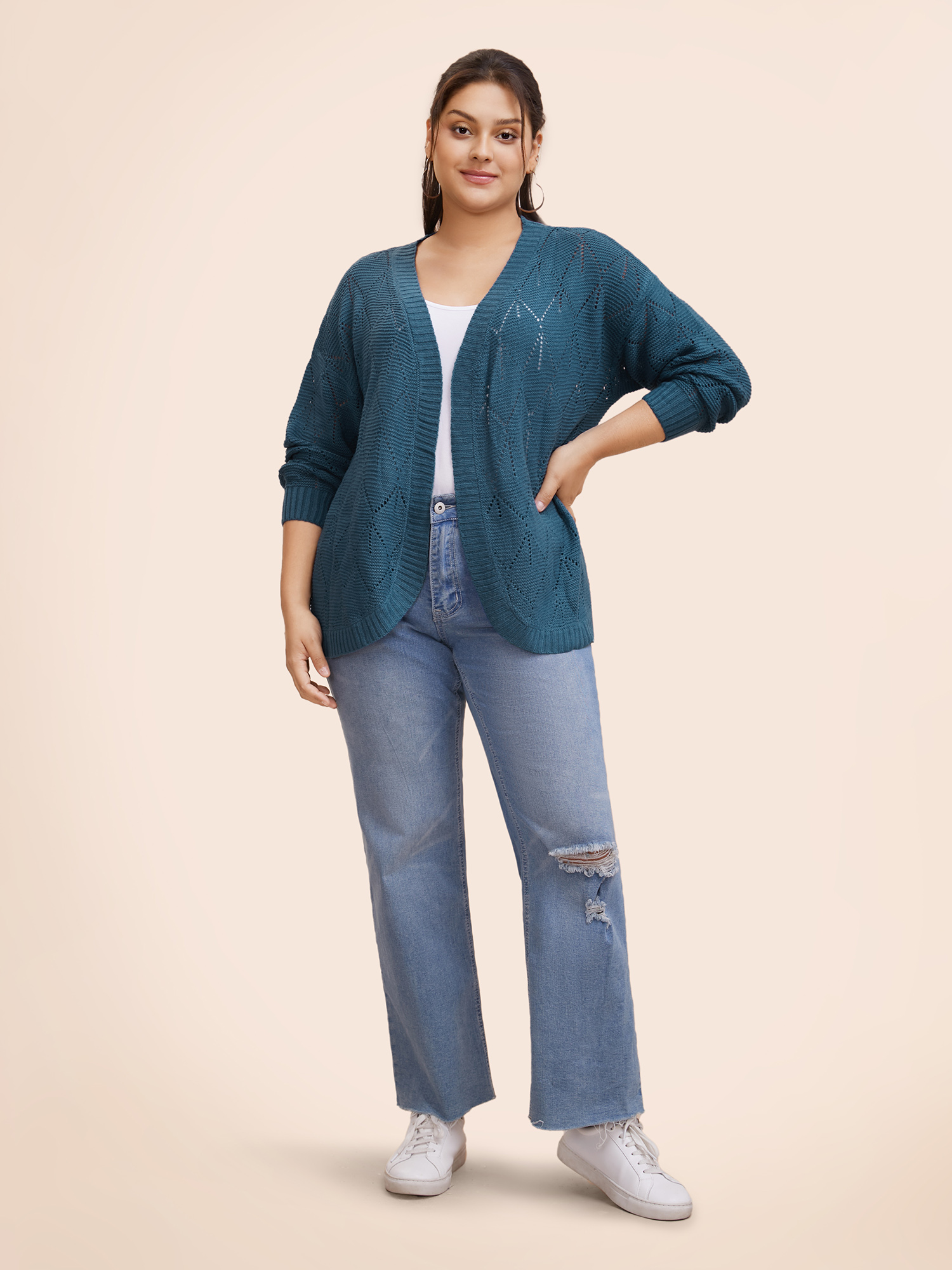 Plus Size Geometric Hollow Out Open Front Cardigan Aegean Women Casual Loose Long Sleeve Everyday Cardigans BloomChic 28/5X 