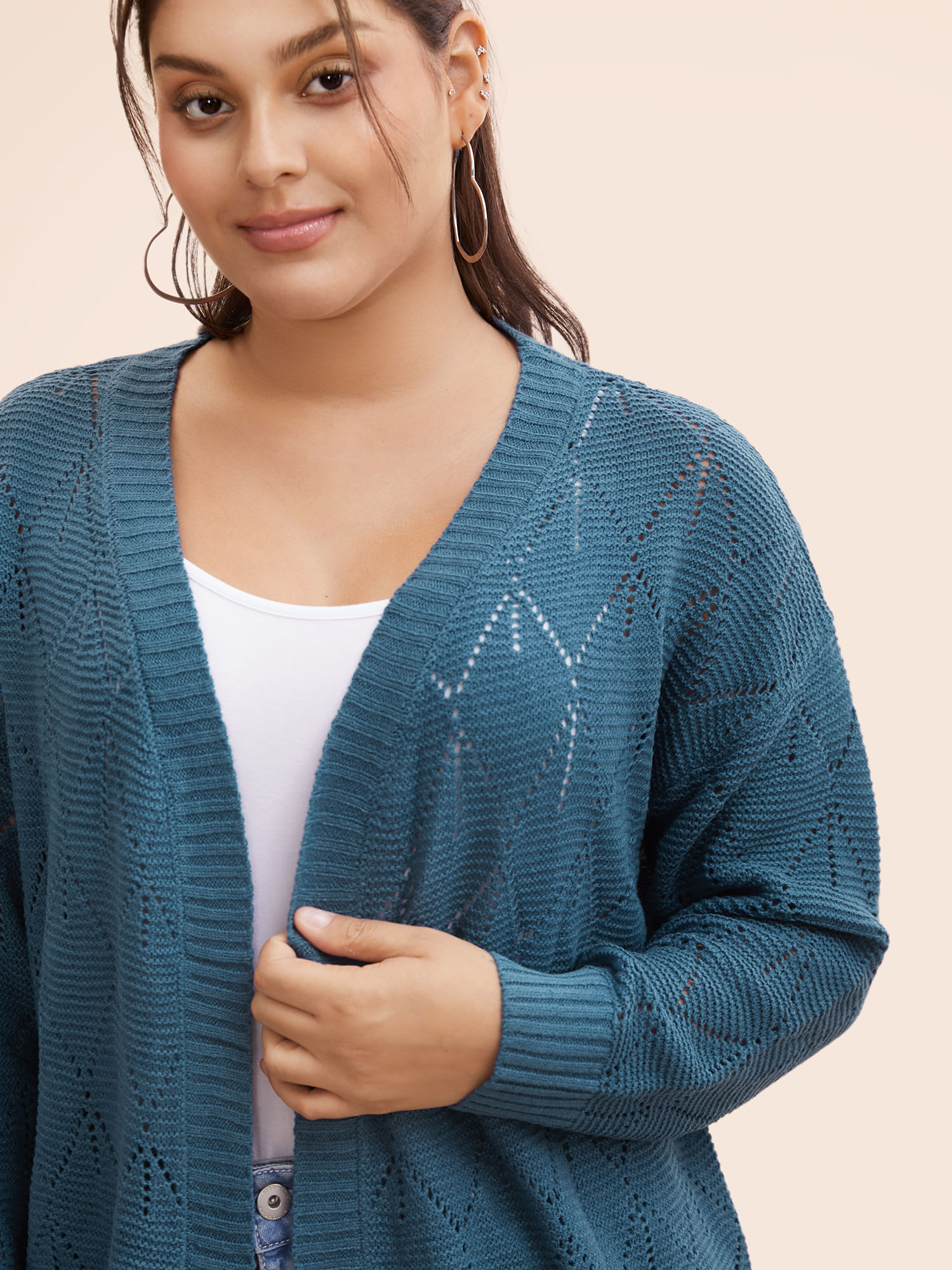 

Plus Size Geometric Hollow Out Open Front Cardigan Aegean Women Casual Loose Long Sleeve Everyday Cardigans BloomChic