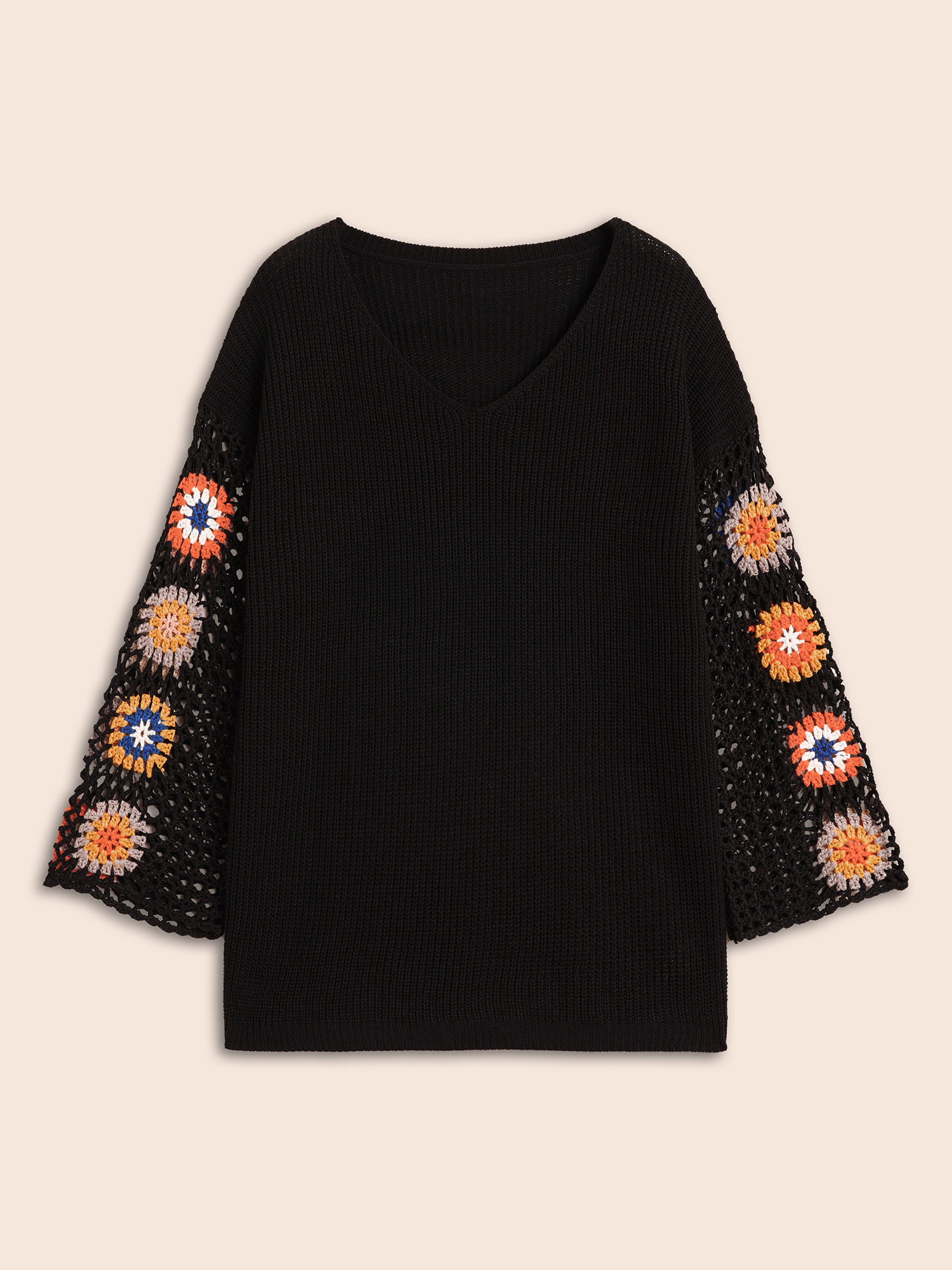 

Plus Size Floral Embroidered Hollow Out Pullover Black Women Casual Long Sleeve V-neck Everyday Pullovers BloomChic