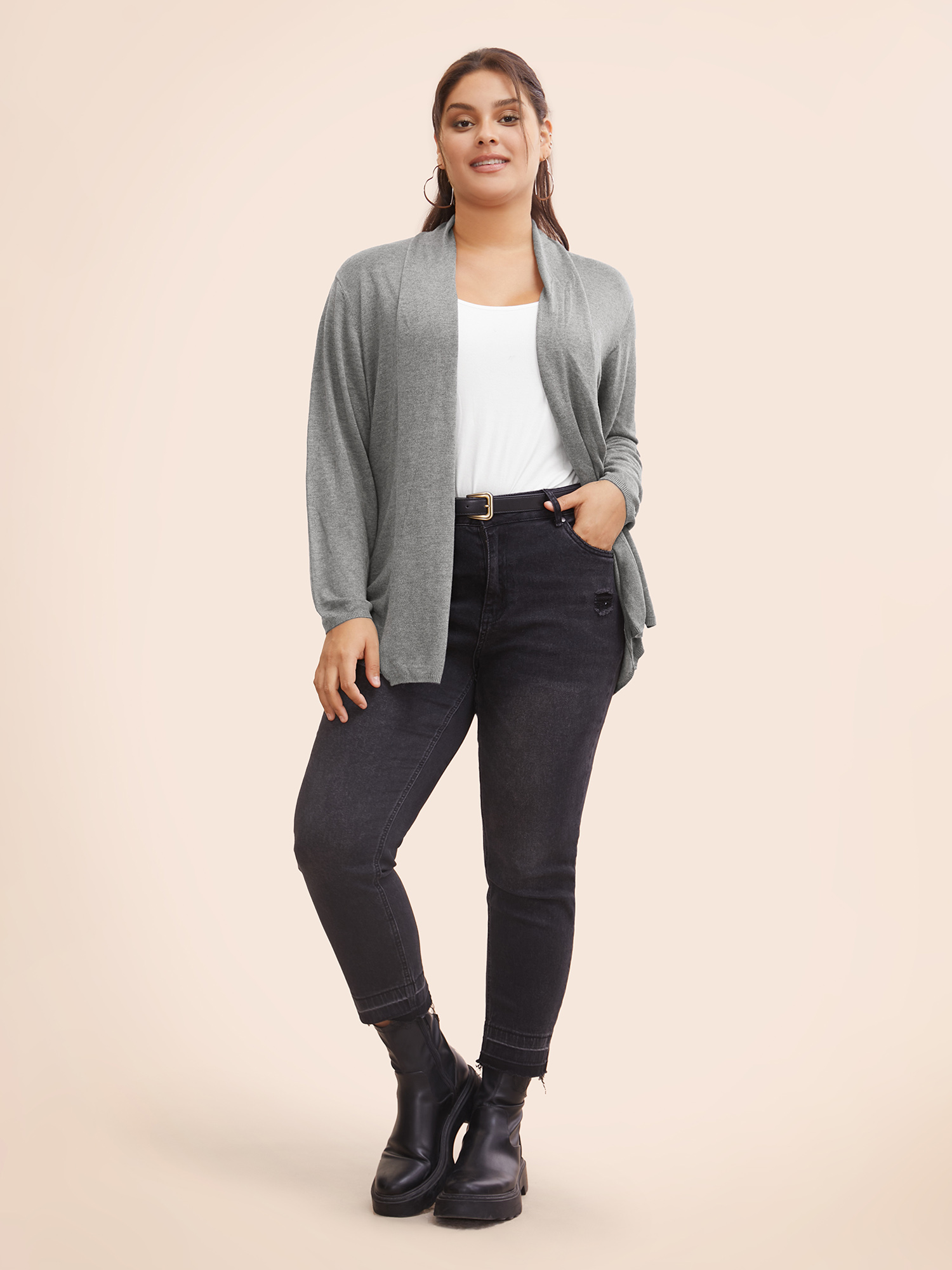 

Plus Size Supersoft Essentials Plain Lapel Collar Drape Cardigan DimGray Women Casual Loose Long Sleeve Everyday Cardigans BloomChic