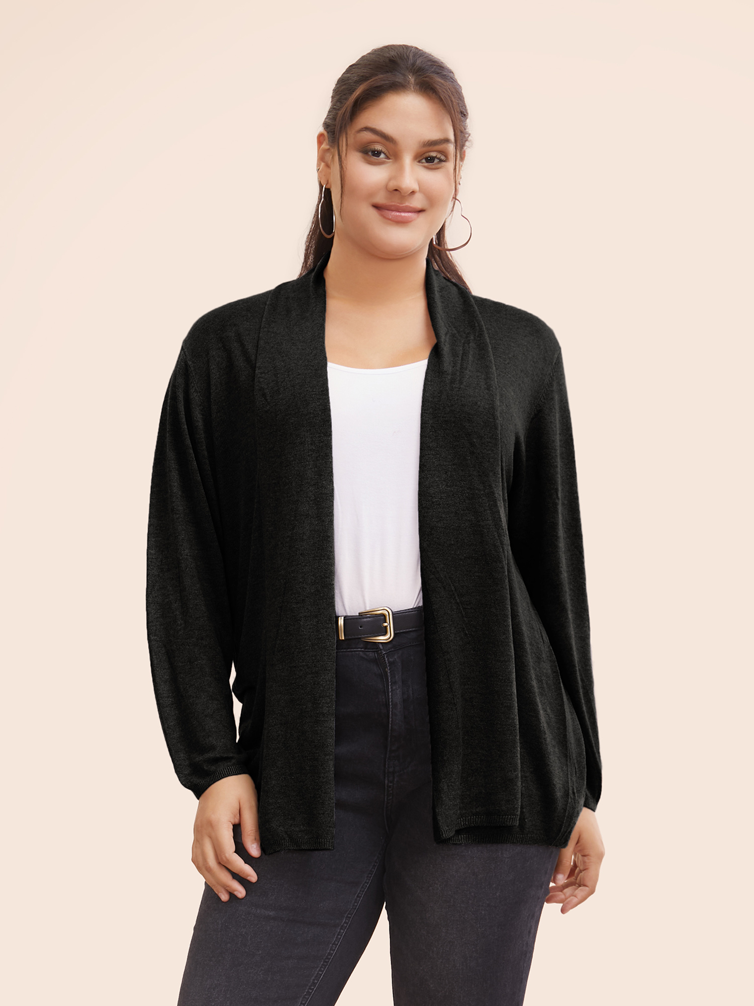 

Plus Size Supersoft Essentials Plain Lapel Collar Drape Cardigan Black Women Casual Loose Long Sleeve Everyday Cardigans BloomChic