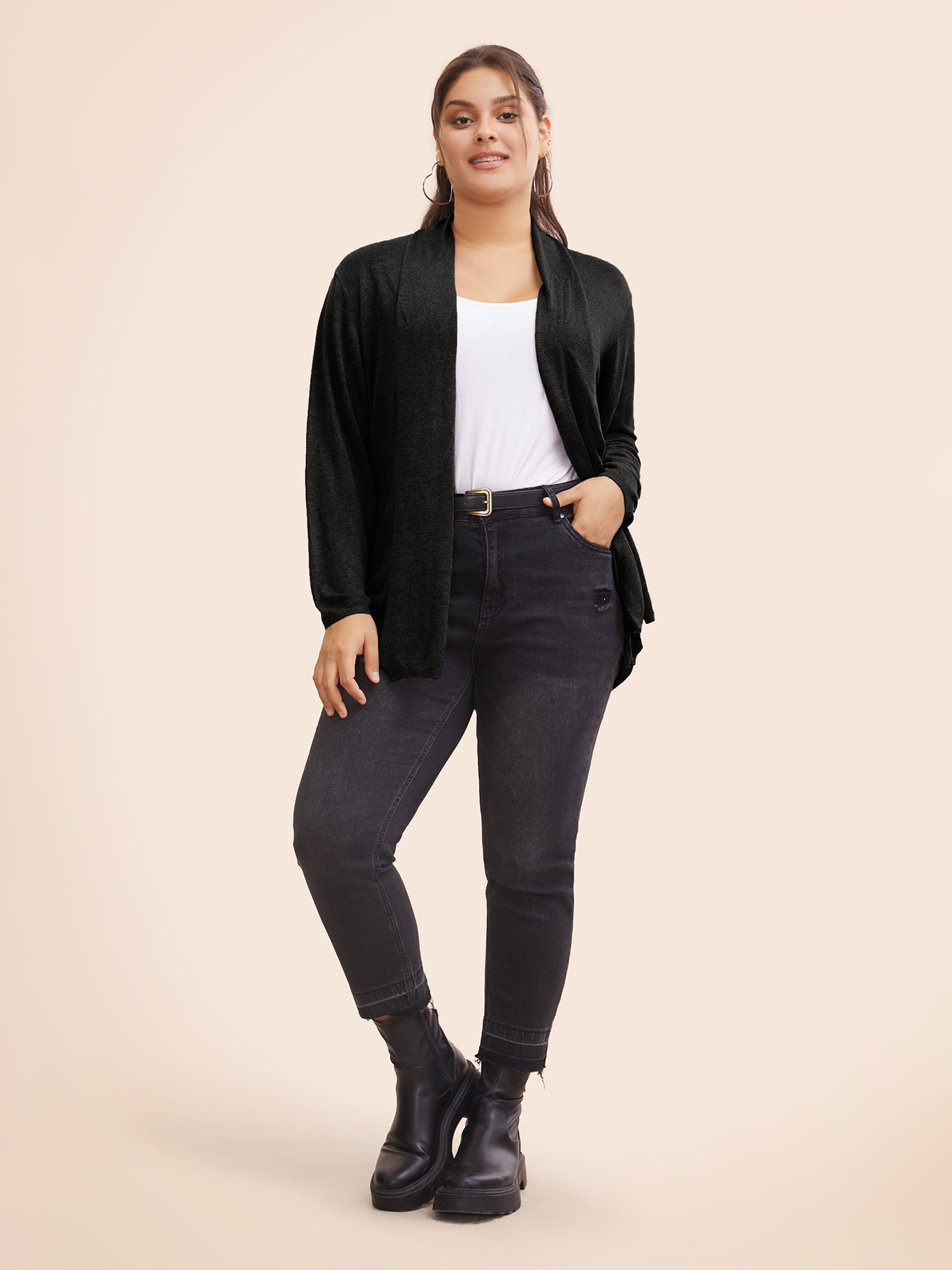 

Plus Size Supersoft Essentials Plain Lapel Collar Drape Cardigan Black Women Casual Loose Long Sleeve Everyday Cardigans BloomChic