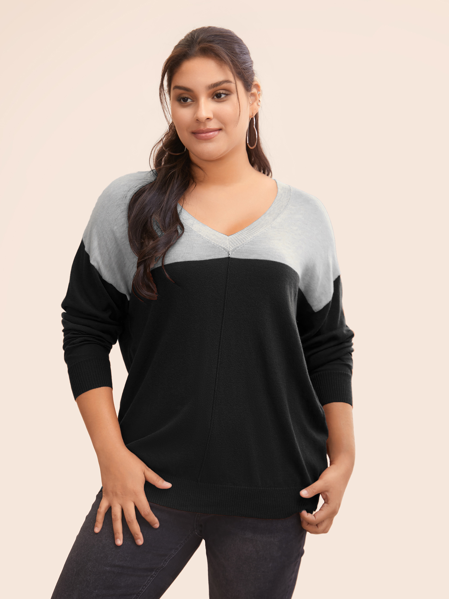 

Plus Size Supersoft Essentials Colorblock Two Tone Patchwork V Neck Pullover Black Women Casual Loose Long Sleeve V-neck Dailywear Pullovers BloomChic