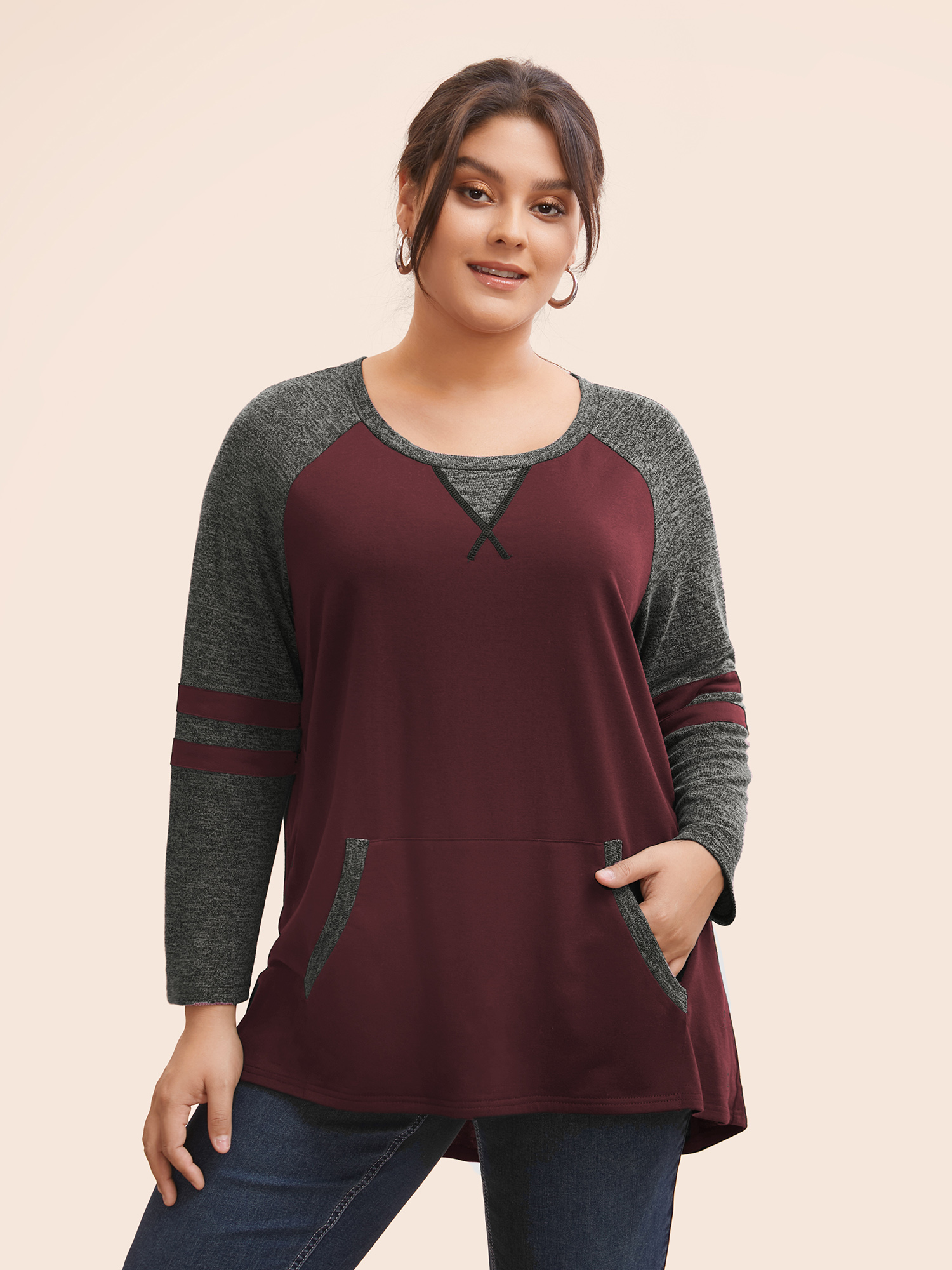 Plus Size Women Everyday Striped Pocket Regular Raglan sleeve Long Sleeve Round Neck Pocket Casual Sweatshirts BloomChic 