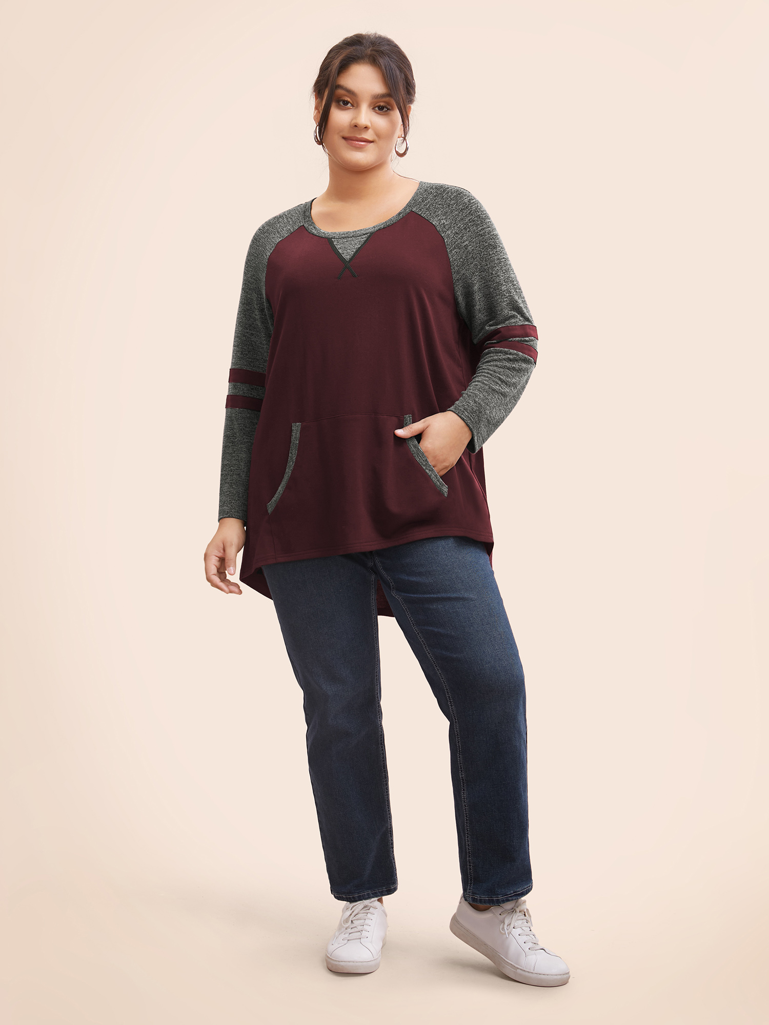 Plus Size Women Everyday Striped Pocket Regular Raglan sleeve Long Sleeve Round Neck Pocket Casual Sweatshirts BloomChic 