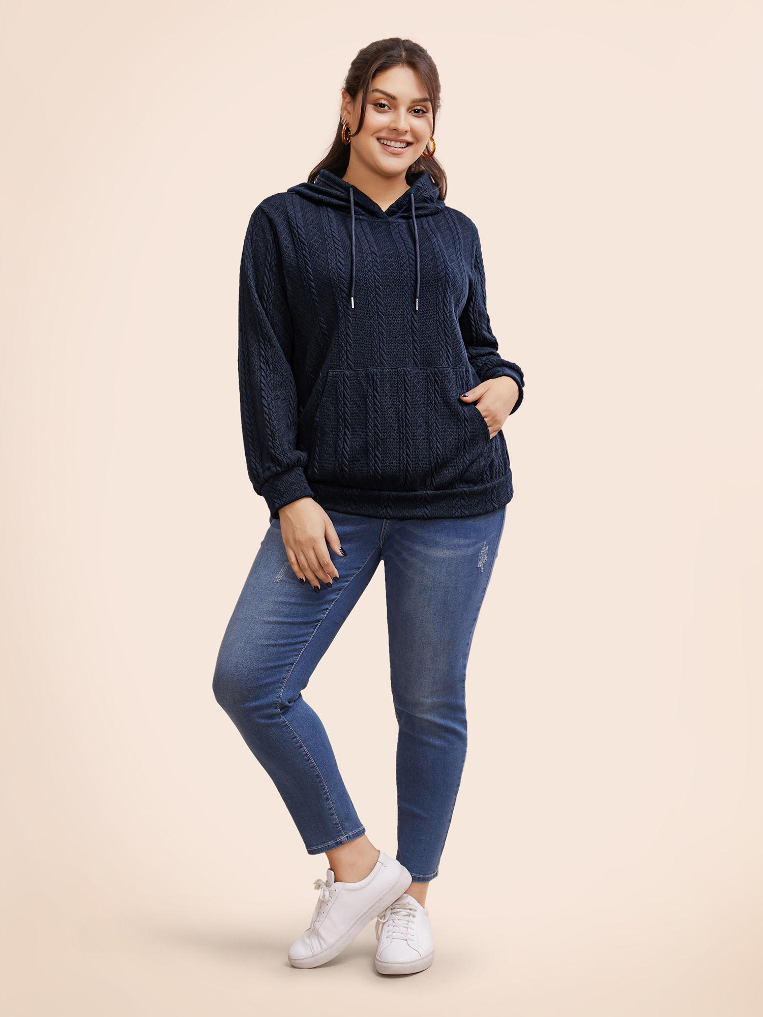 Plus Size Solid Cable Knit Hooded Drawstring Sweatshirt Women DarkBlue Casual Texture Hooded Everyday Sweatshirts BloomChic 18-20/2X 