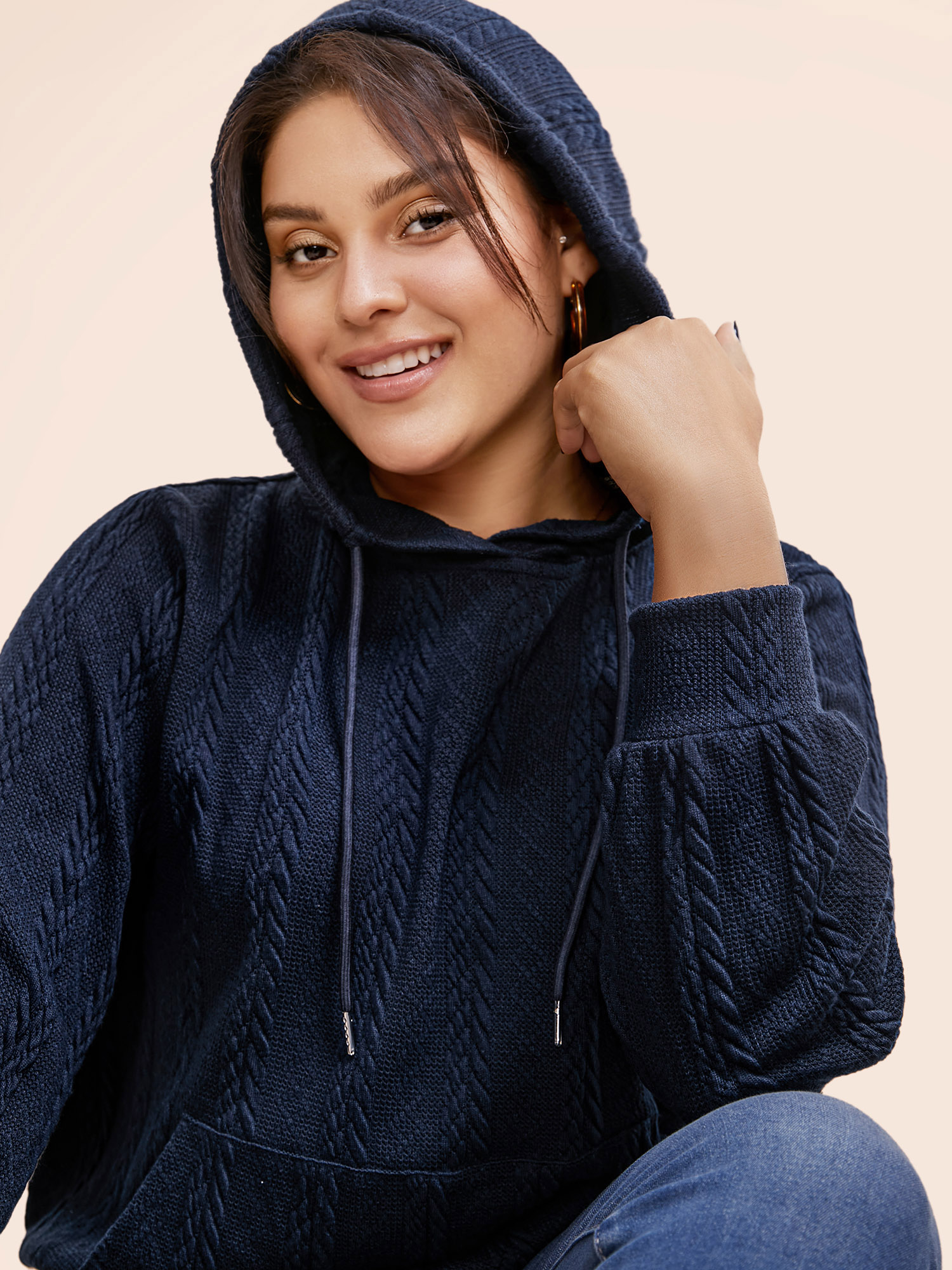 Plus Size Solid Cable Knit Hooded Drawstring Sweatshirt Women DarkBlue Casual Texture Hooded Everyday Sweatshirts BloomChic 18-20/2X 