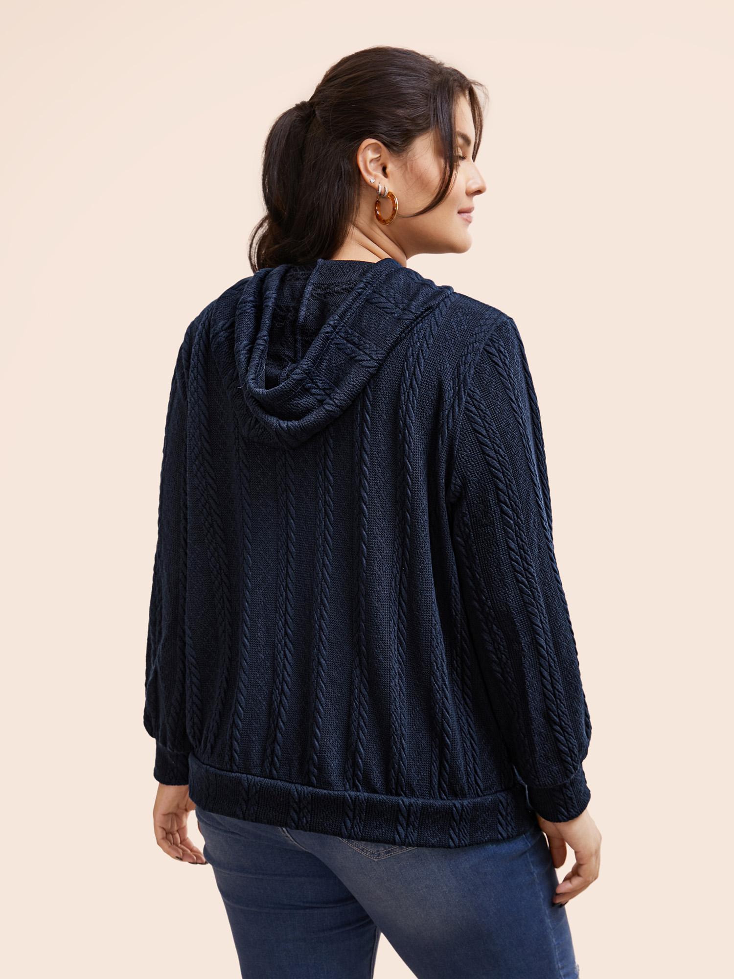 Plus Size Solid Cable Knit Hooded Drawstring Sweatshirt Women DarkBlue Casual Texture Hooded Everyday Sweatshirts BloomChic 18-20/2X 