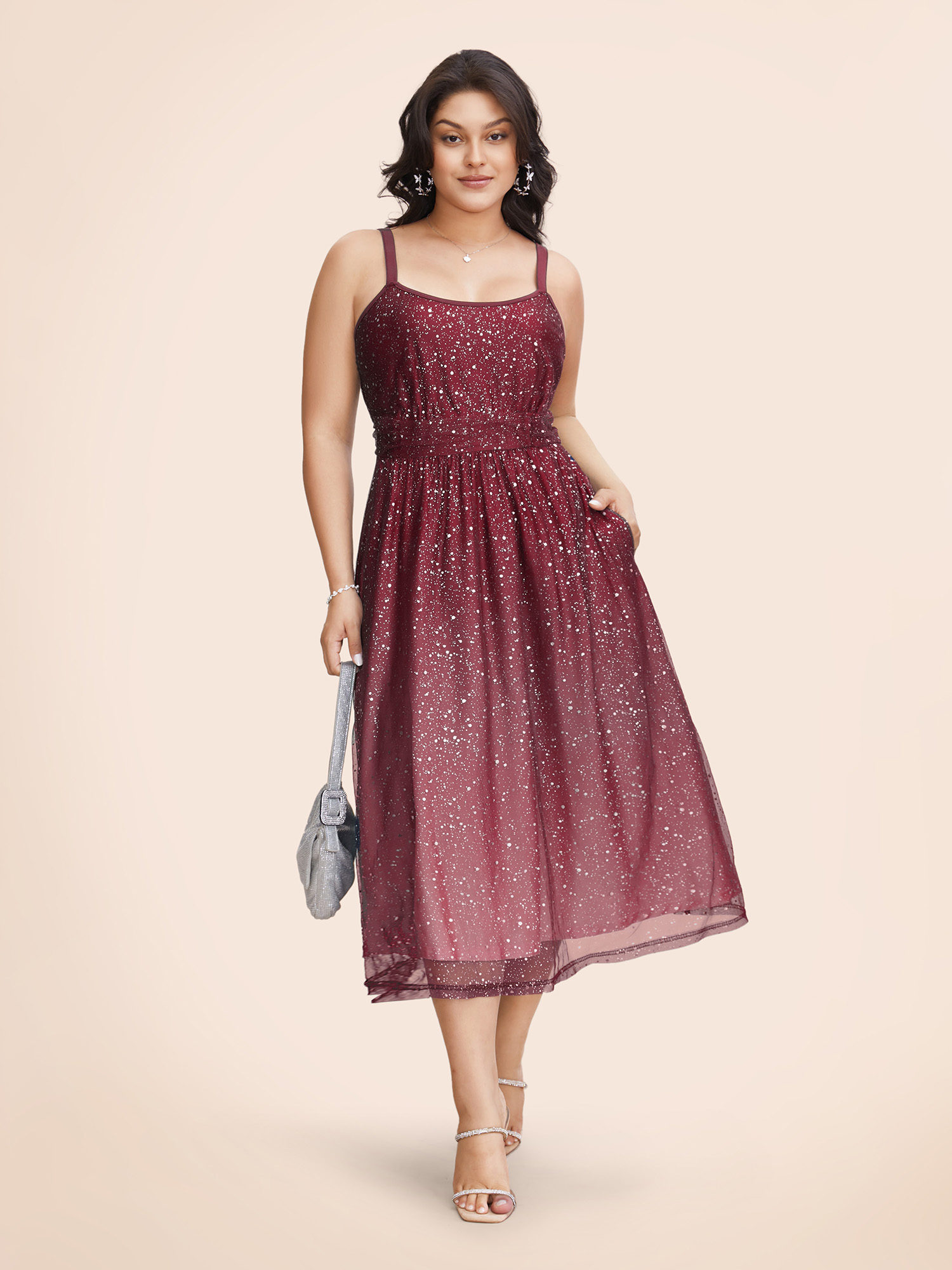 

Plus Size Ombre Glitter Mesh Cami Midi Dress Burgundy Women Formal Texture U-neck Sleeveless Curvy BloomChic