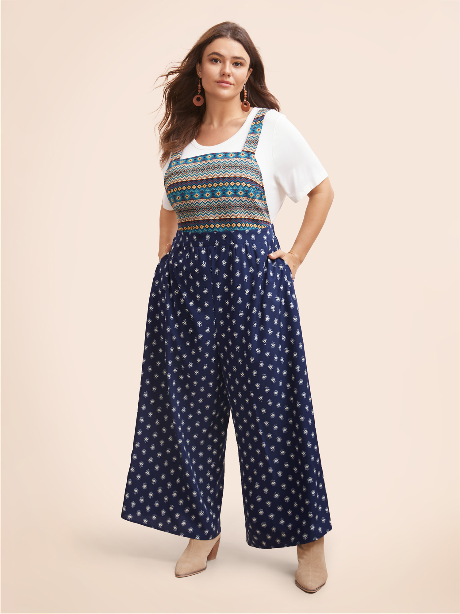 

Plus Size DarkBlue Bandana Texture Patchwork Gathered Jumpsuit Women Resort Sleeveless Non Vacation Loose Jumpsuits BloomChic