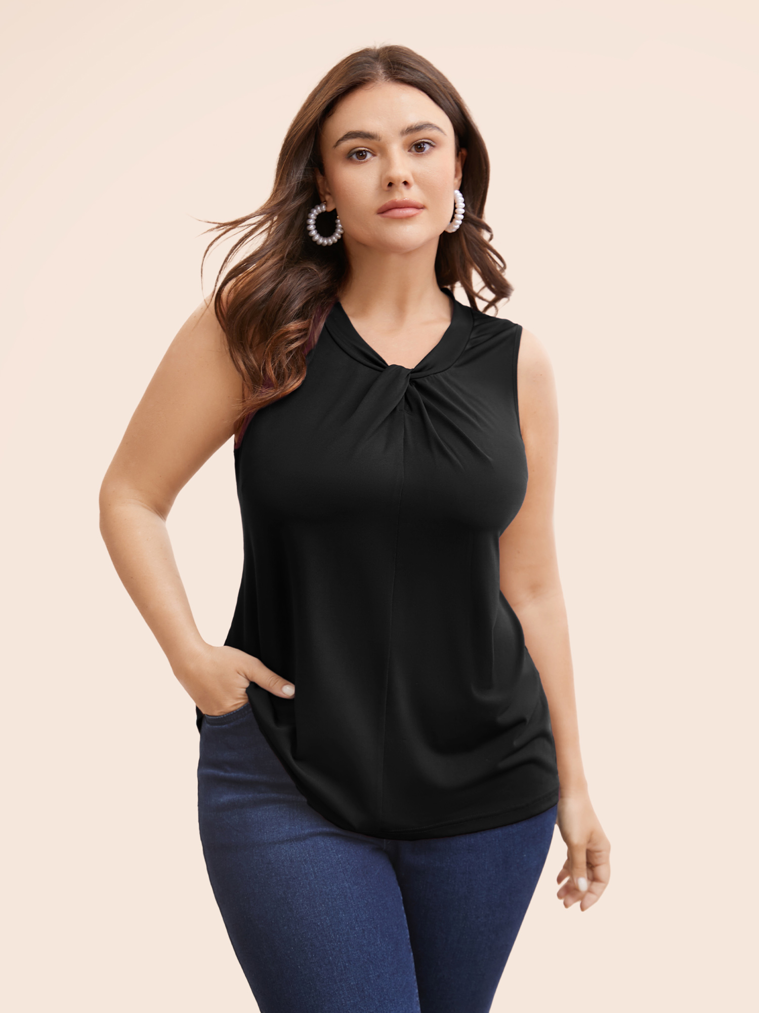 

Plus Size Solid Asymmetrical Neck Twist Front Tank Top Women Black Elegant Twist Asymmetrical Neck Everyday Tank Tops Camis BloomChic