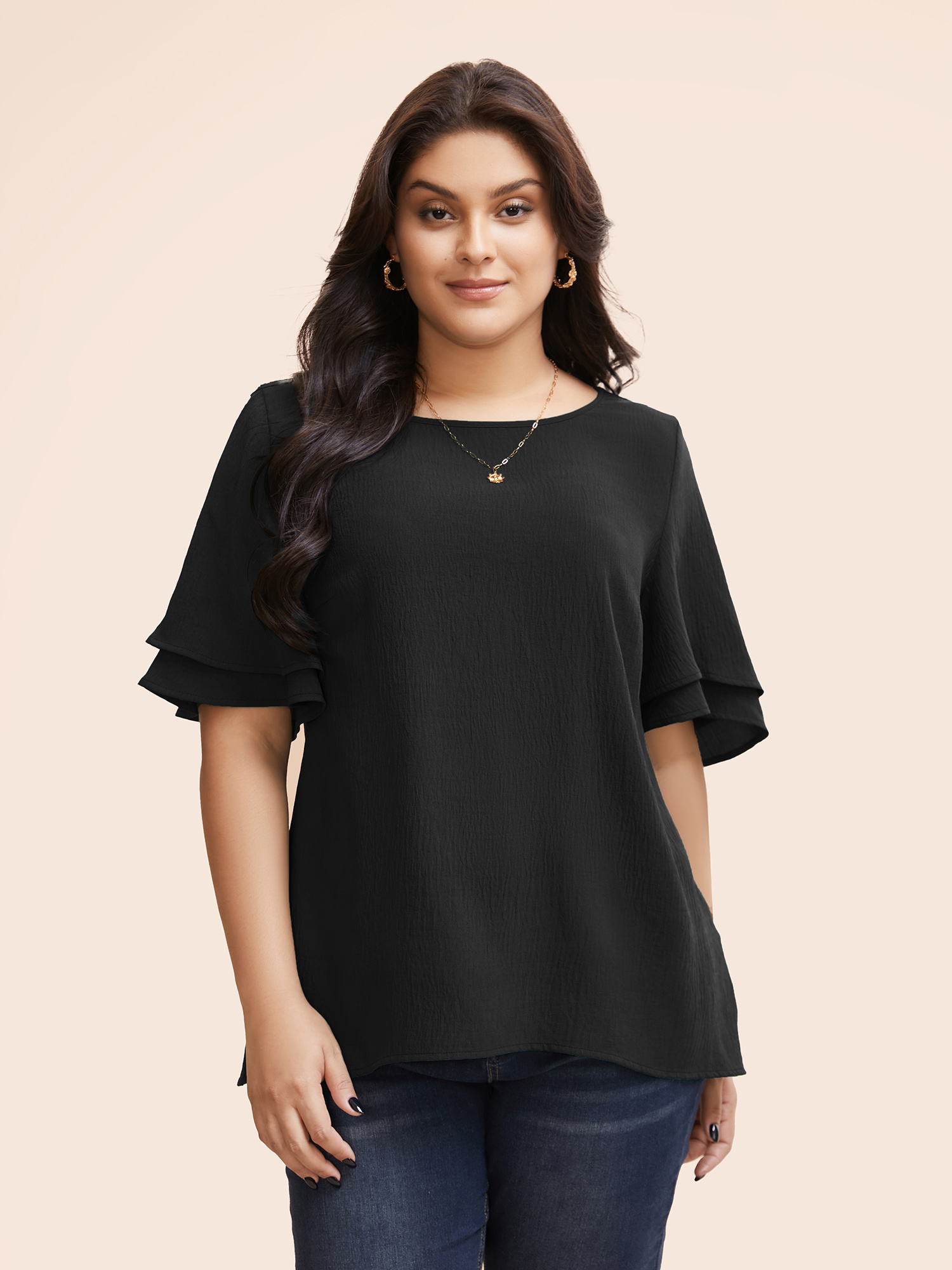 

Plus Size Black Solid Tiered Ruffles Split Hem Blouse Women Elegant Half Sleeve Boat Neck Everyday Blouses BloomChic